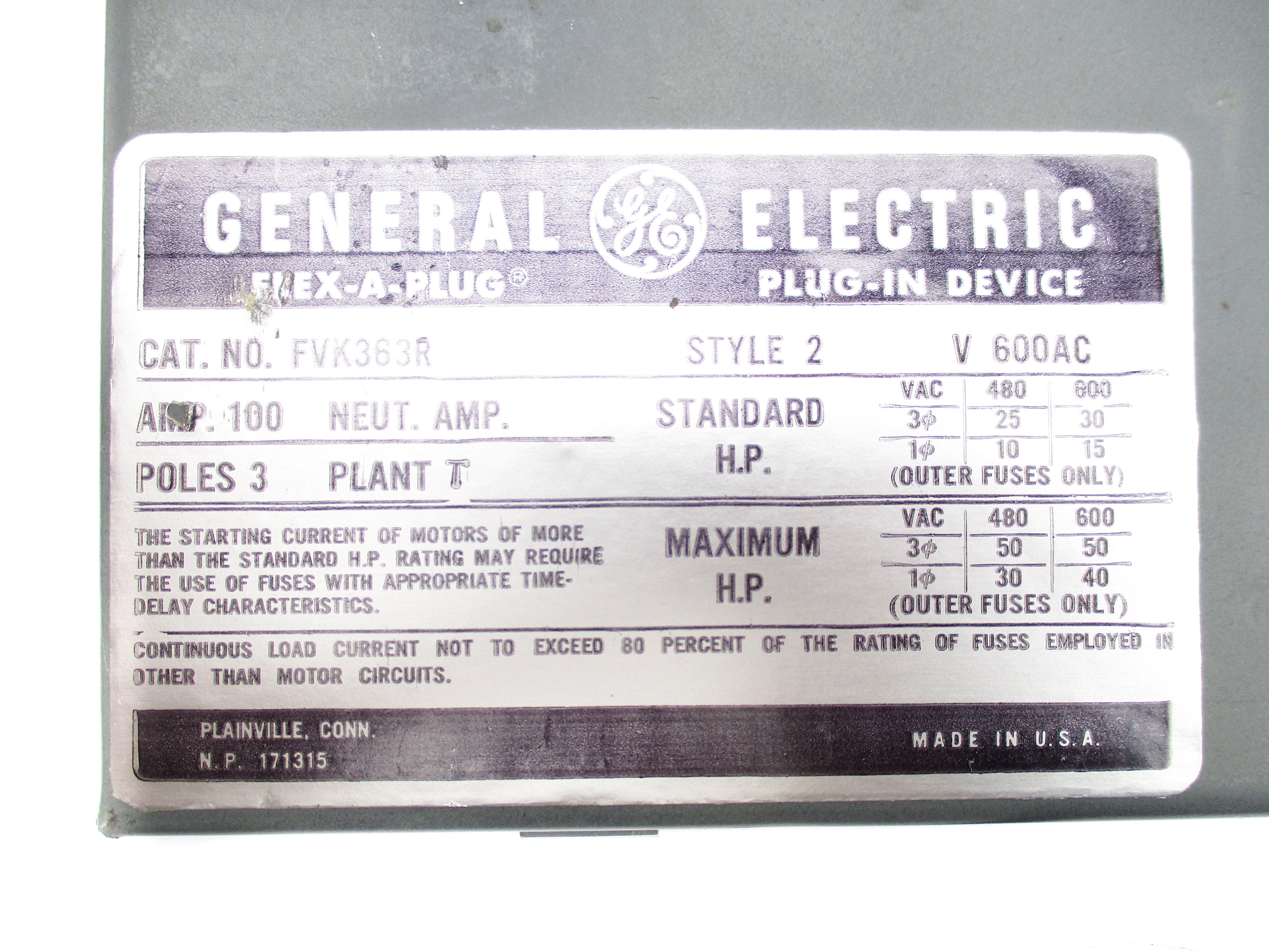 GENERAL ELECTRIC FVK363R UNMP