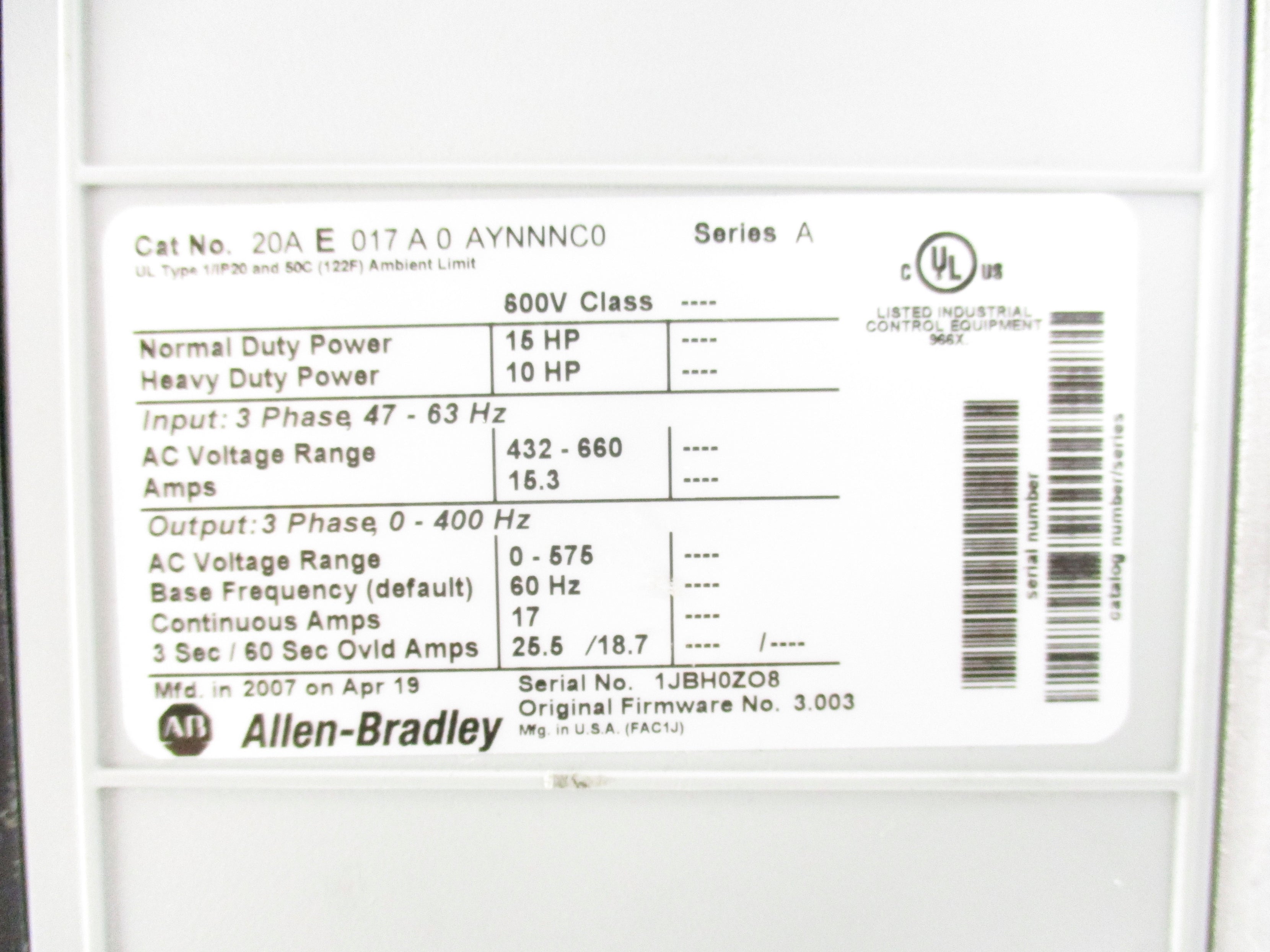 ALLEN BRADLEY 20AE017A0AYNNNC0 SER. A F/W 3.003 NSNP