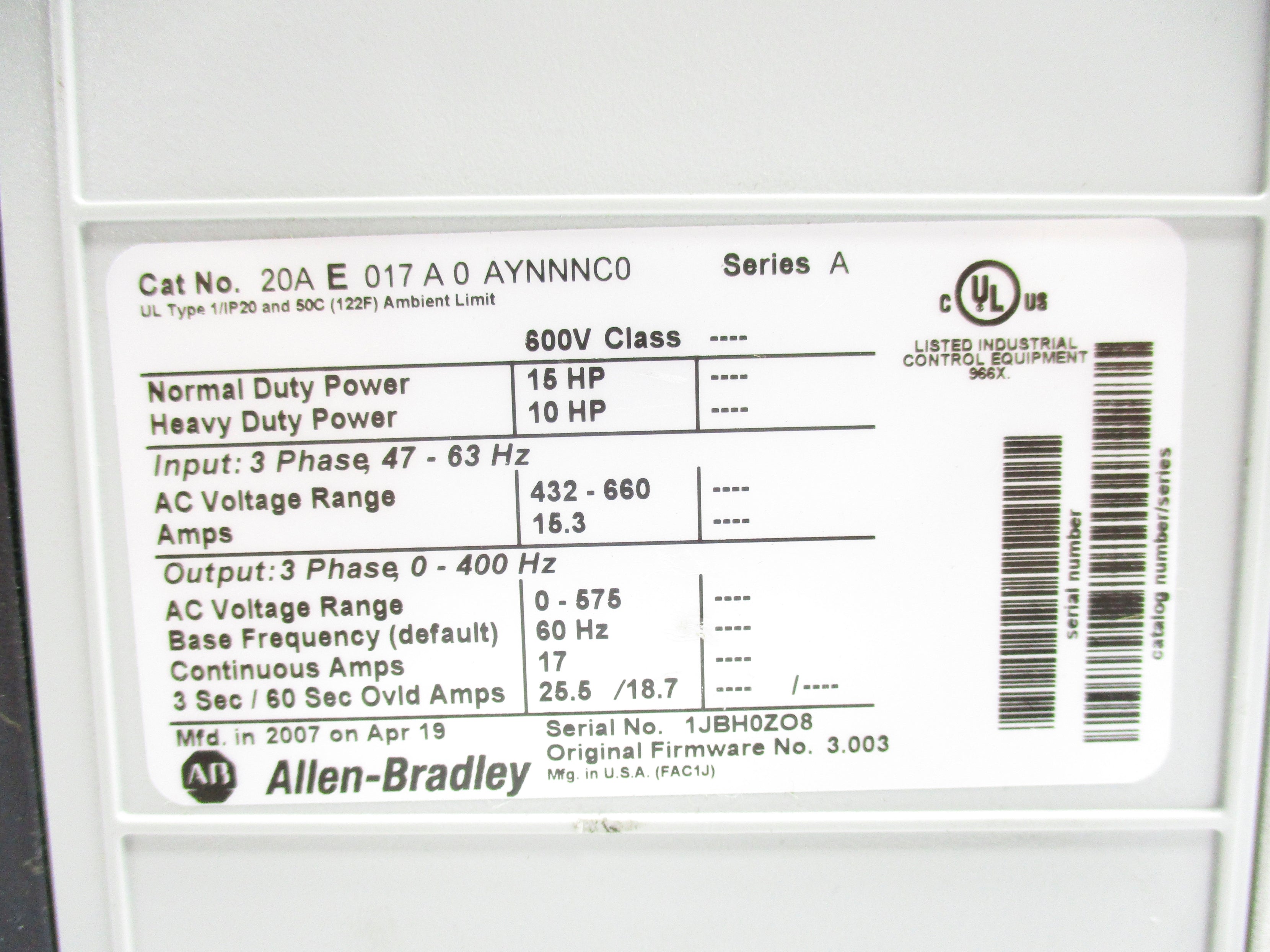 ALLEN BRADLEY 20AE017A0AYNNNC0 SER. A F/W 3.003 NSNP
