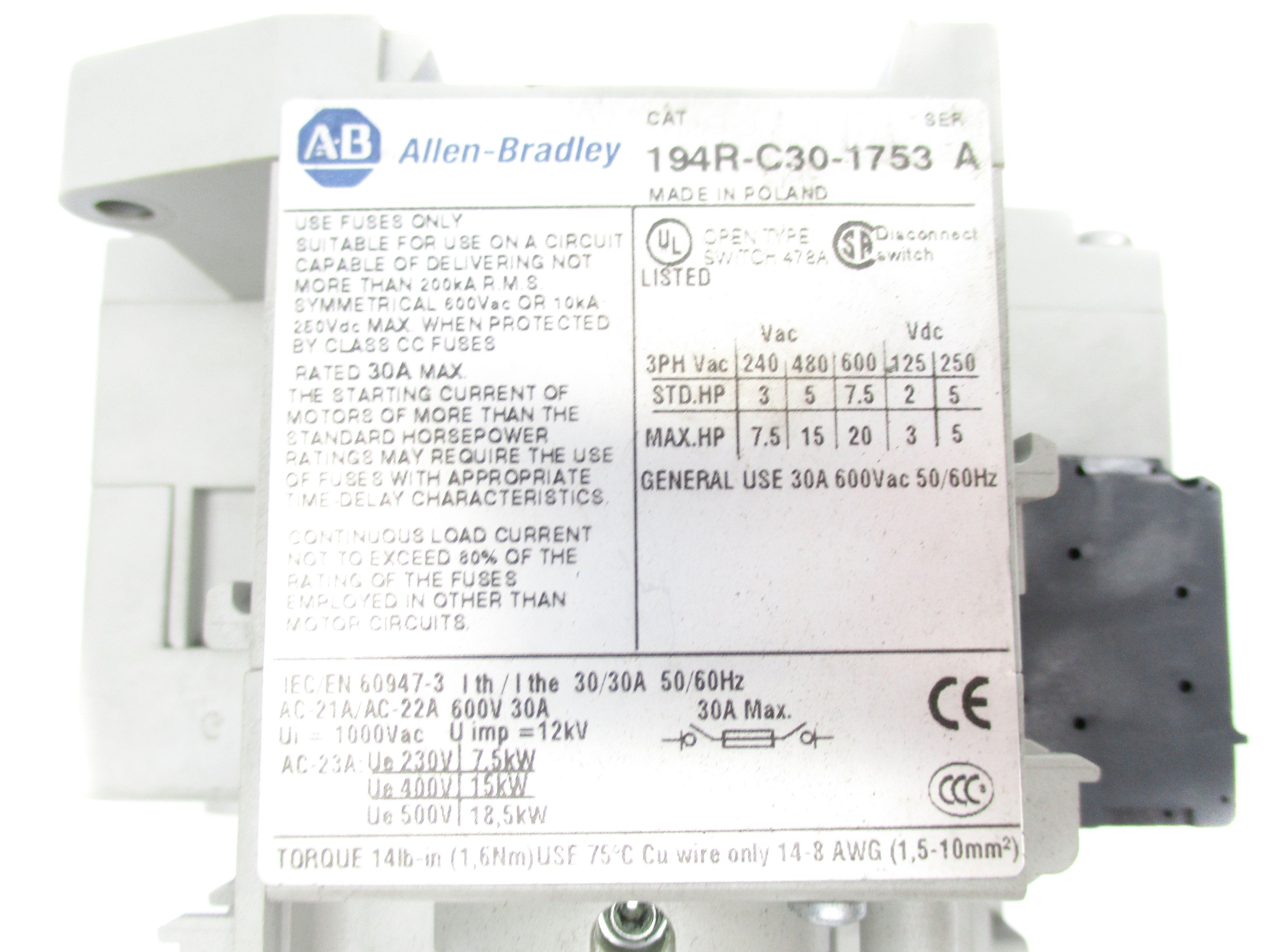 ALLEN BRADLEY 194R-C30-1753 SER. A UNMP