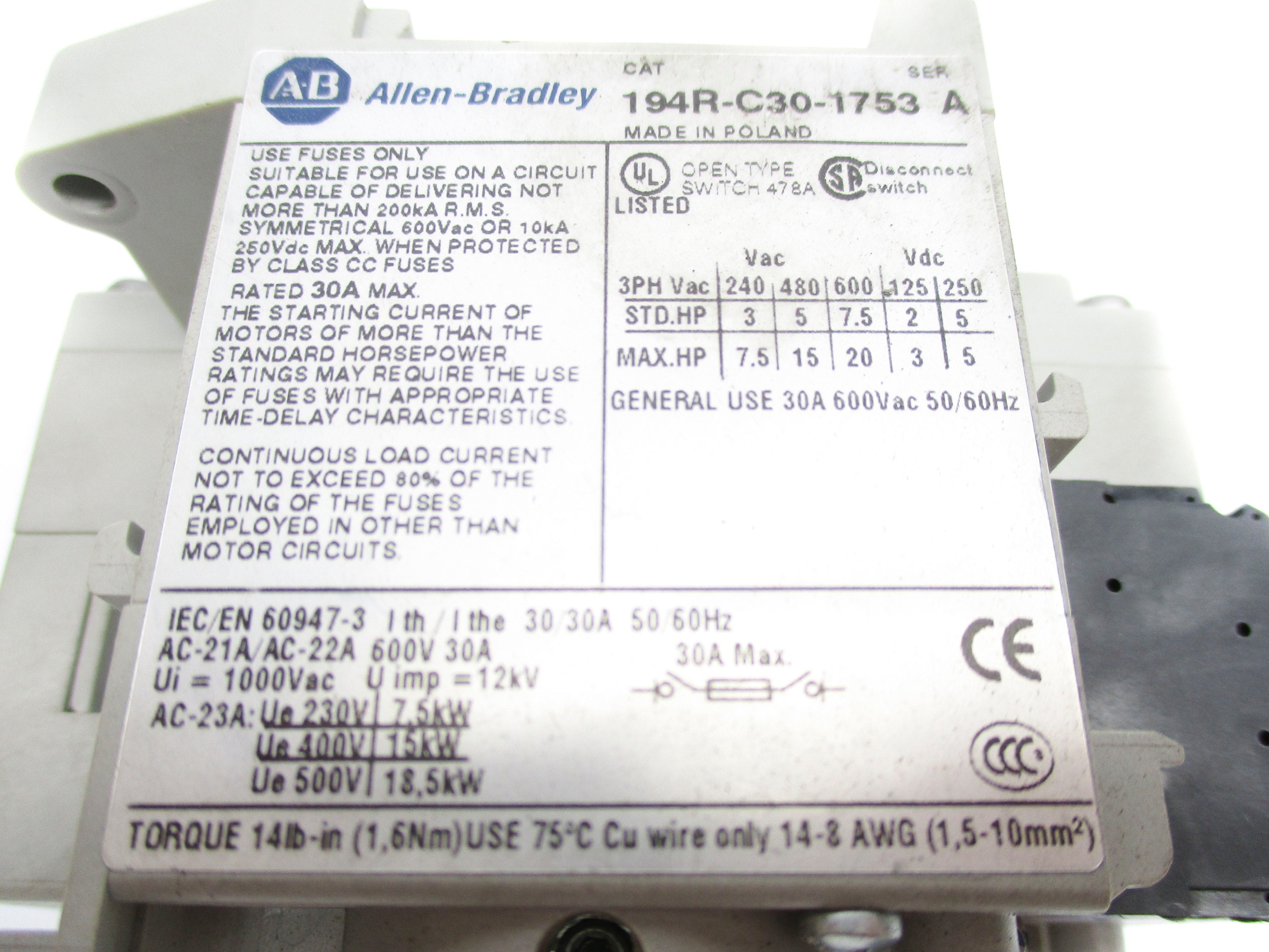 ALLEN BRADLEY 194R-C30-1753 SER. A UNMP