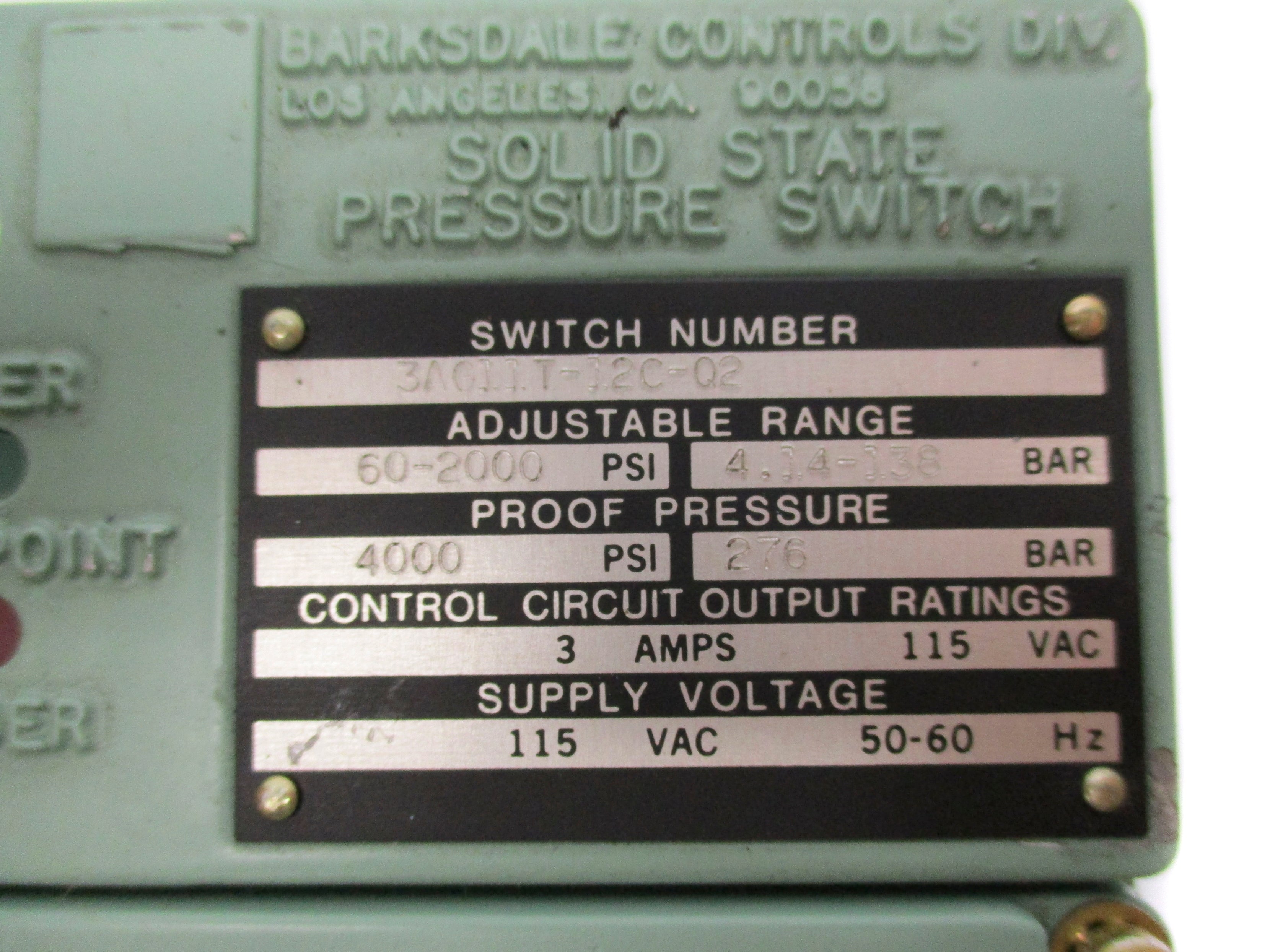 BARKSDALE 3AG11T-12C-Q2 115VAC 3A 4000PSI UNMP