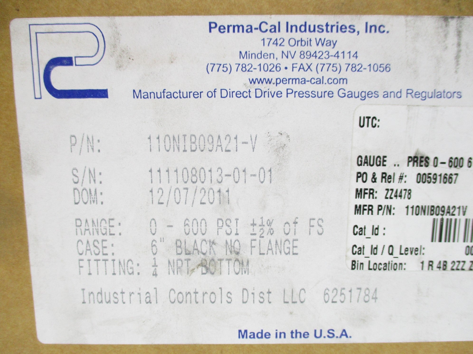 PERMA-CAL INDUSTRIES 100NIB09A21-V 0-600PSI NSMP