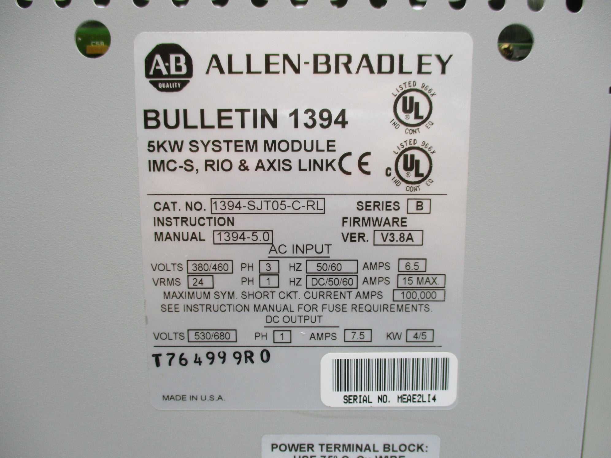 ALLEN BRADLEY 1394-SJT05-C-RL SER. B F/W V3.8A NSNP