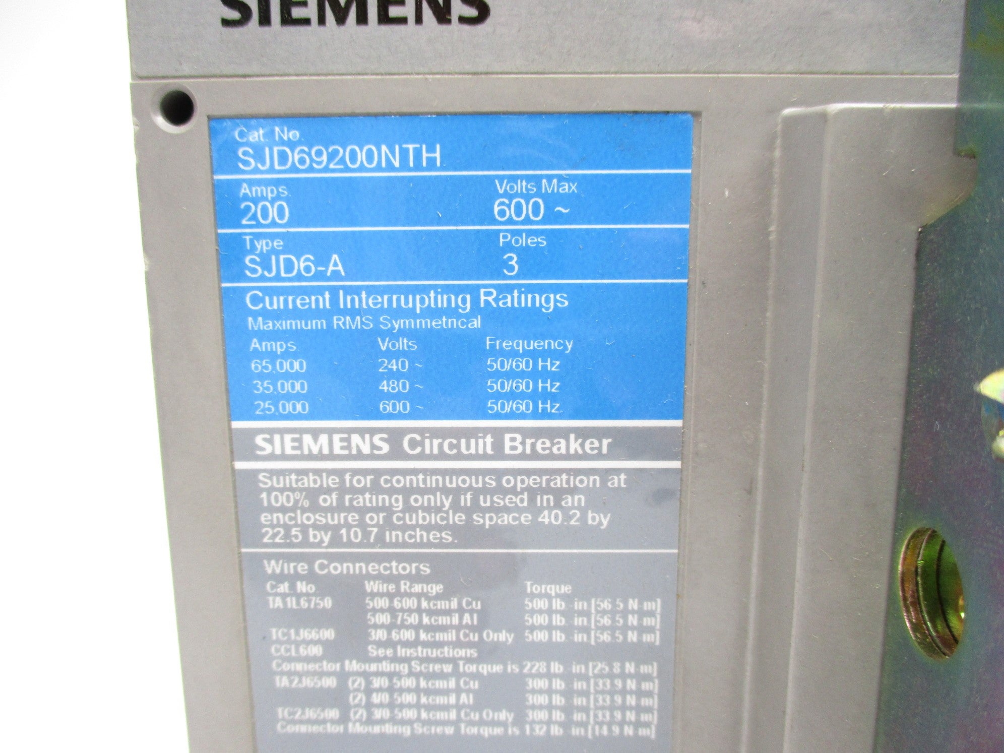 SIEMENS SJD69200NTH 200A 600VAC NSNP