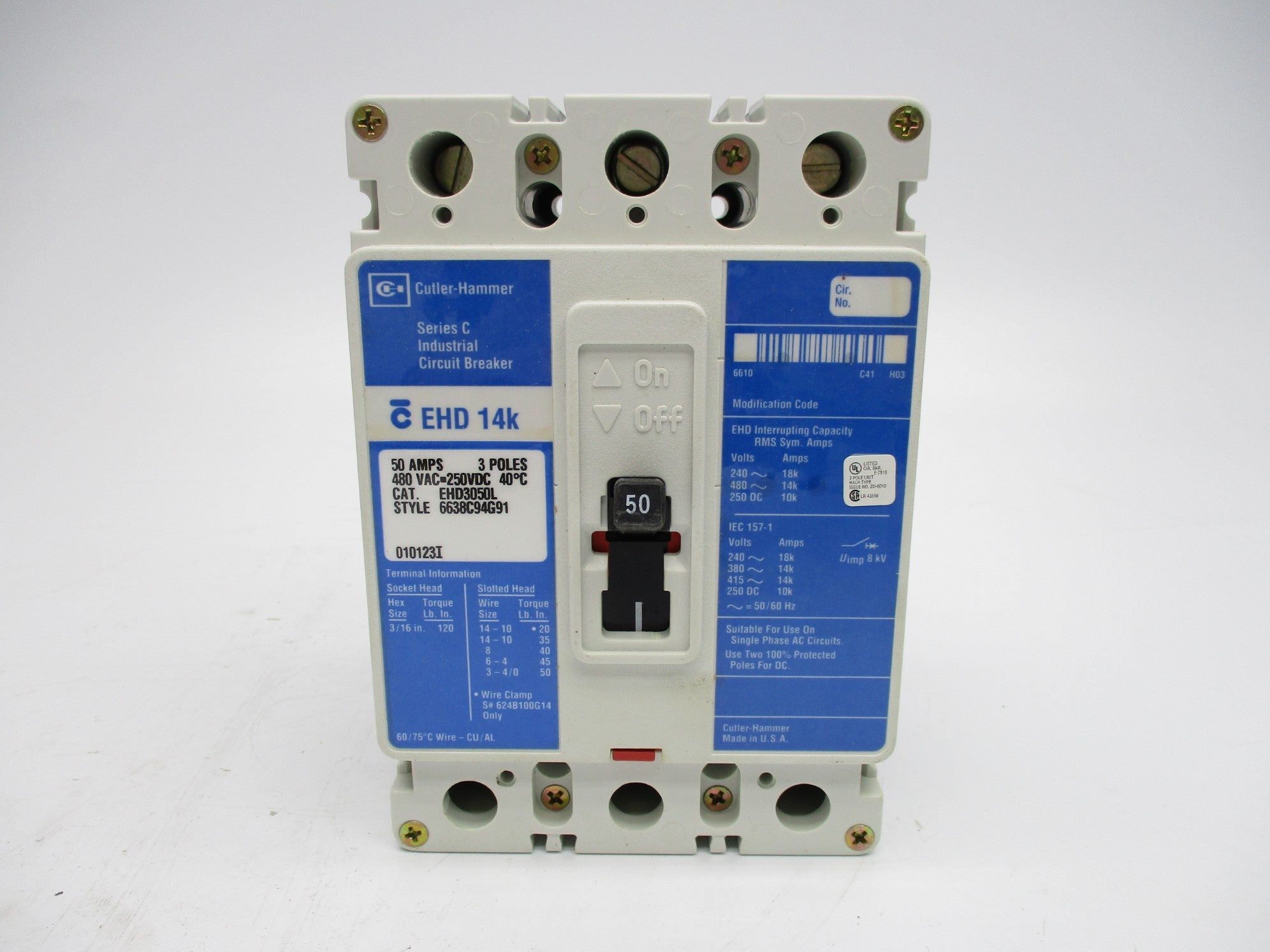 CUTLER HAMMER EHD3050L SER. C 50A 480VAC NSMP