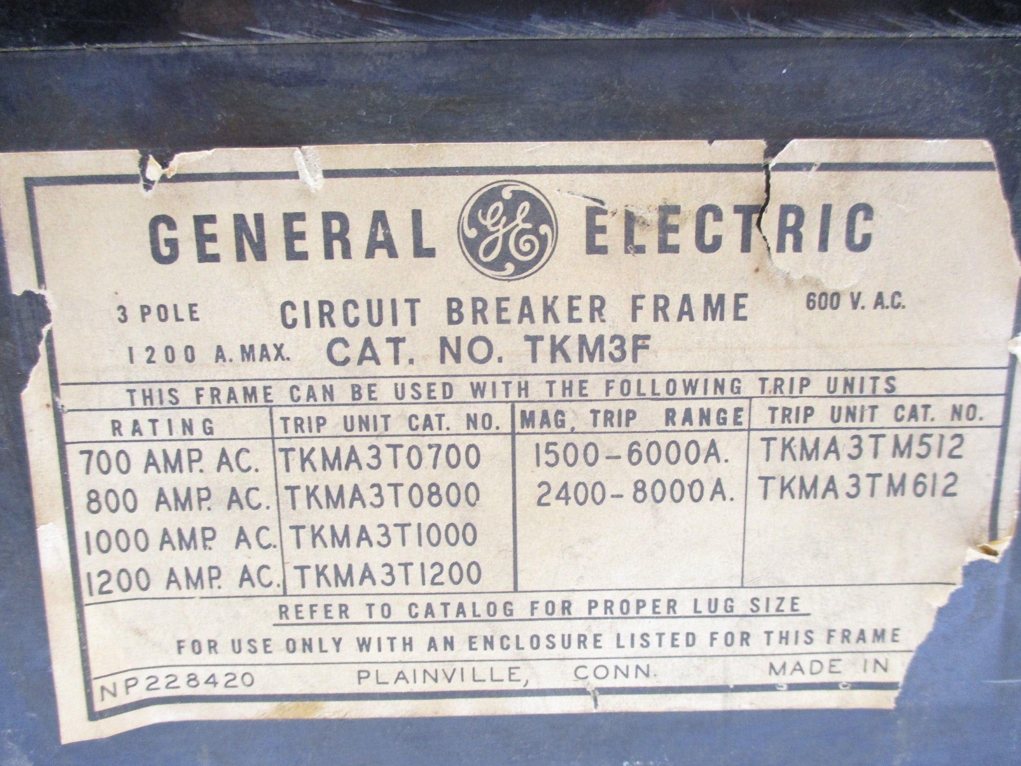 GENERAL ELECTRIC TKM3F 1000A 600VAC UNMP