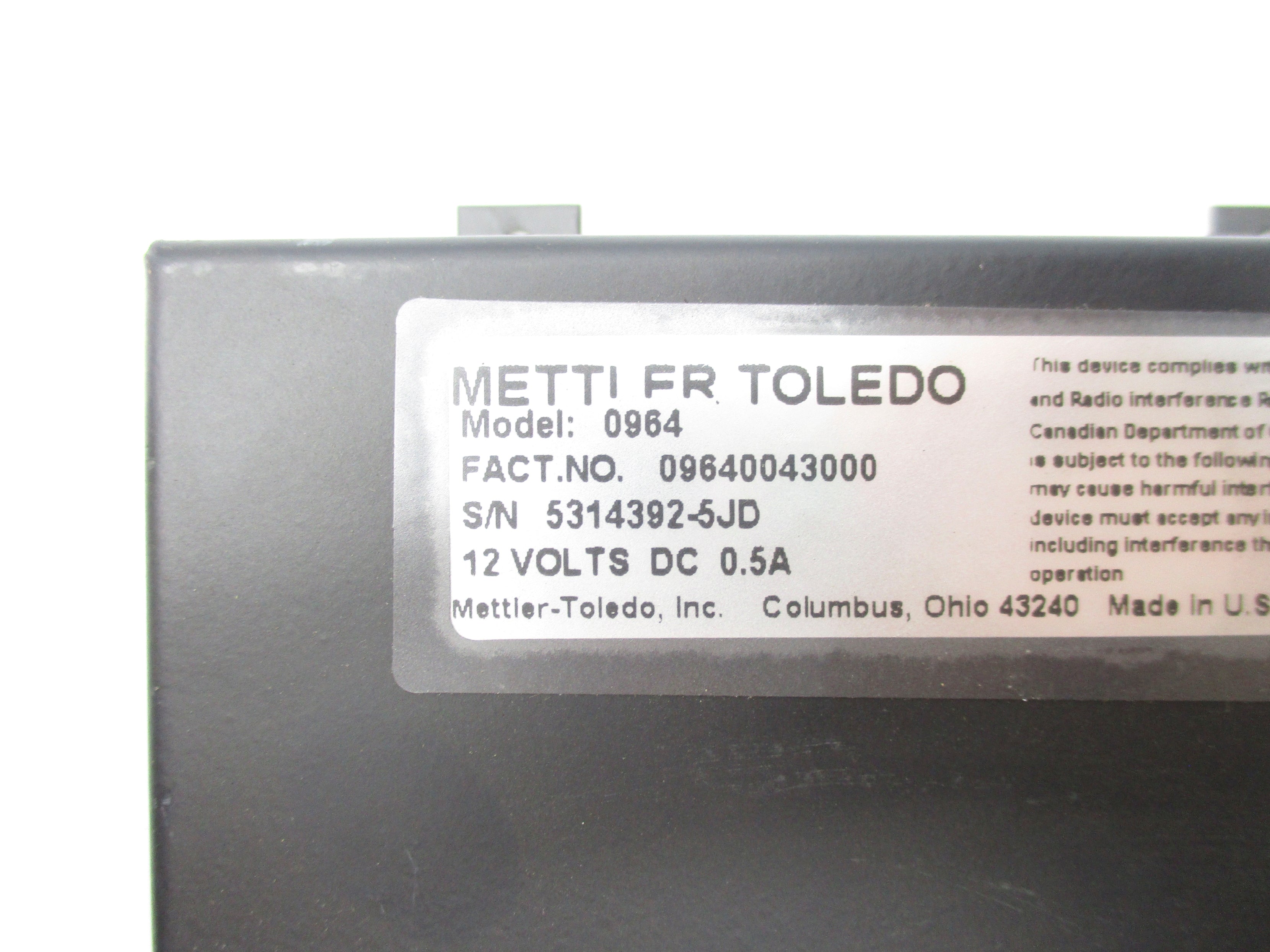 METTLER TOLEDO 09640043000 12VDC 0.5A NSNP