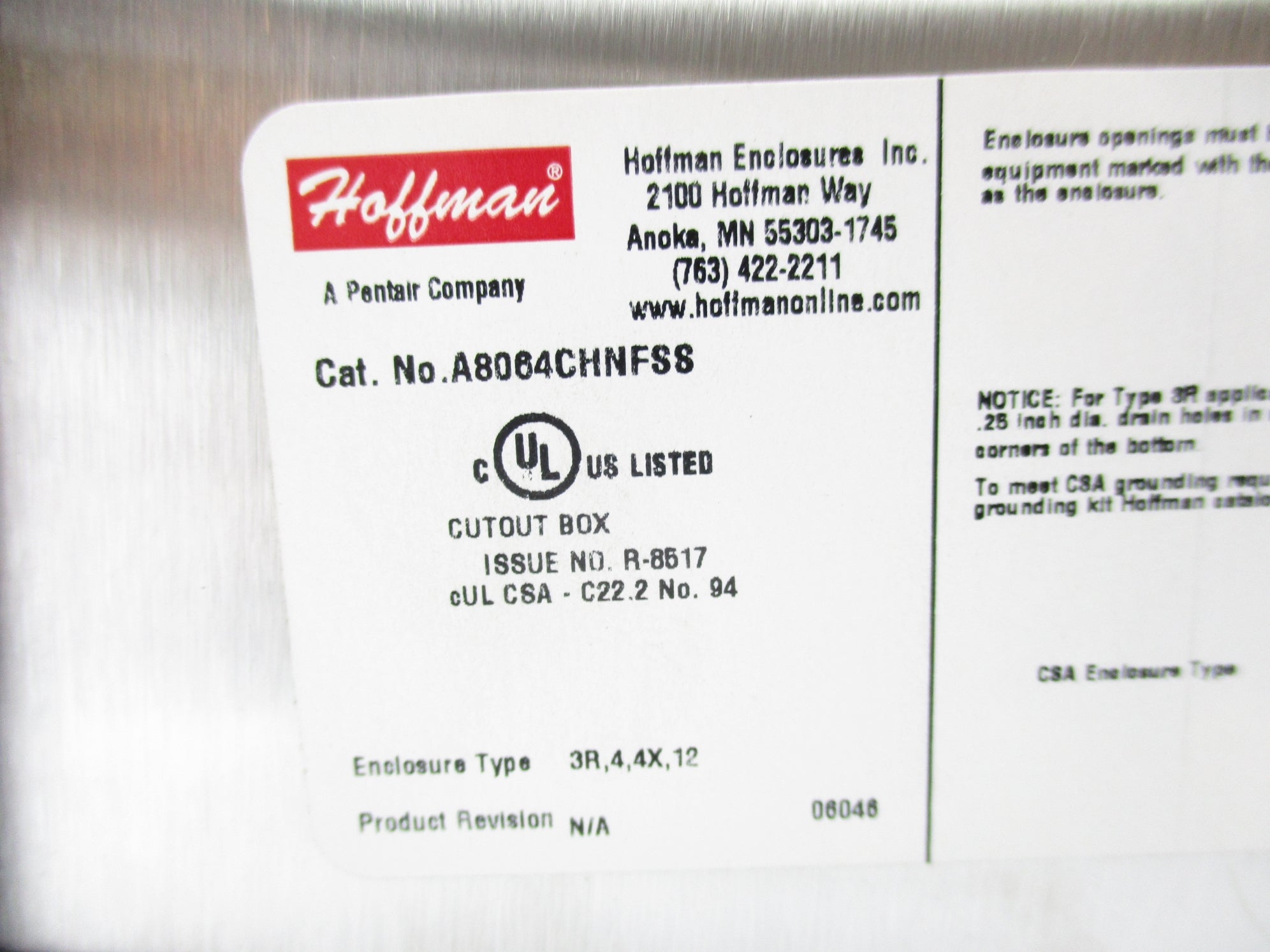 HOFFMAN A8064CHNFSS BMKM21911-1 UNMP