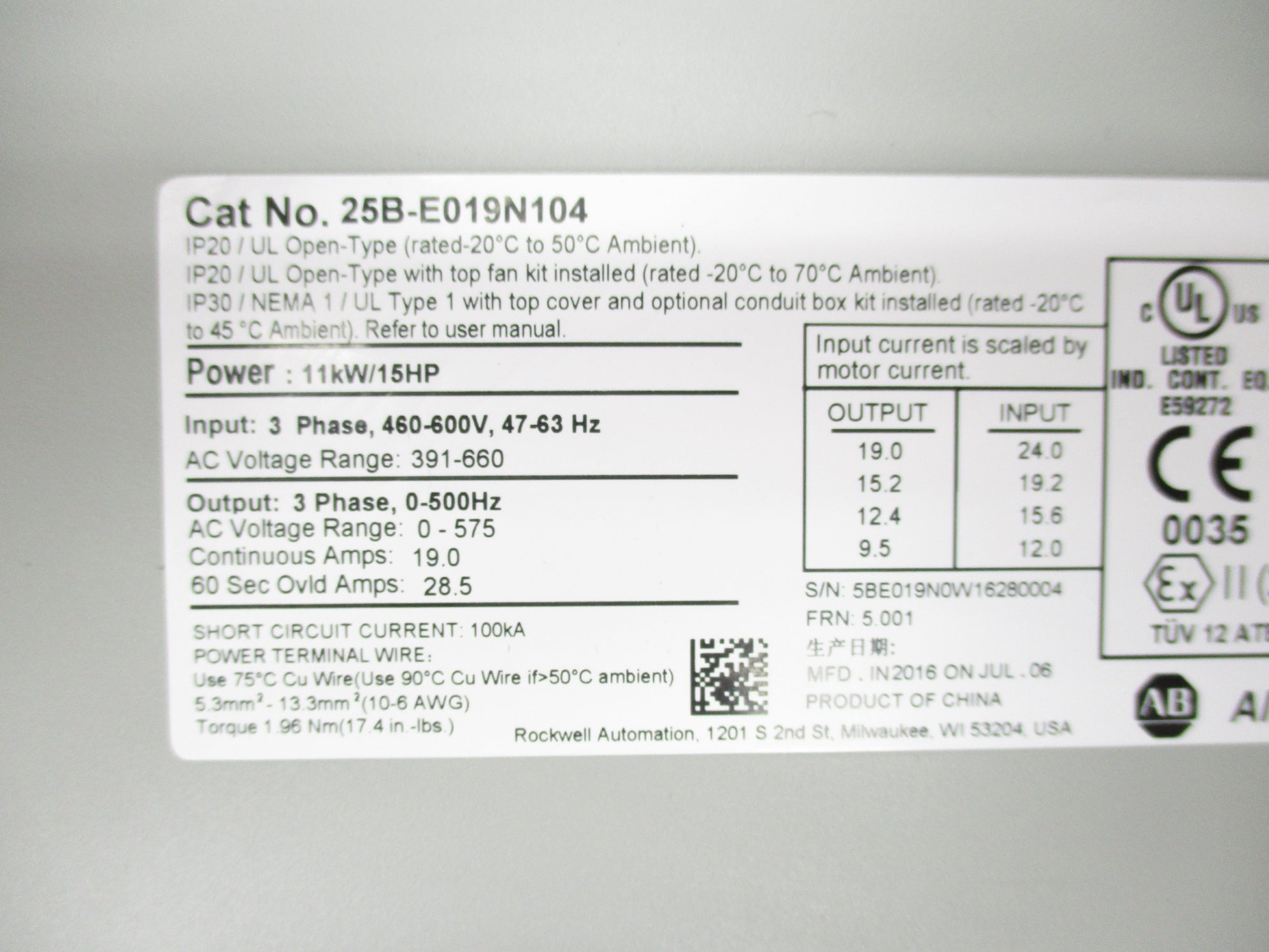 ALLEN BRADLEY 25B-E019N104 SER. A F/W 5.001 NSMP