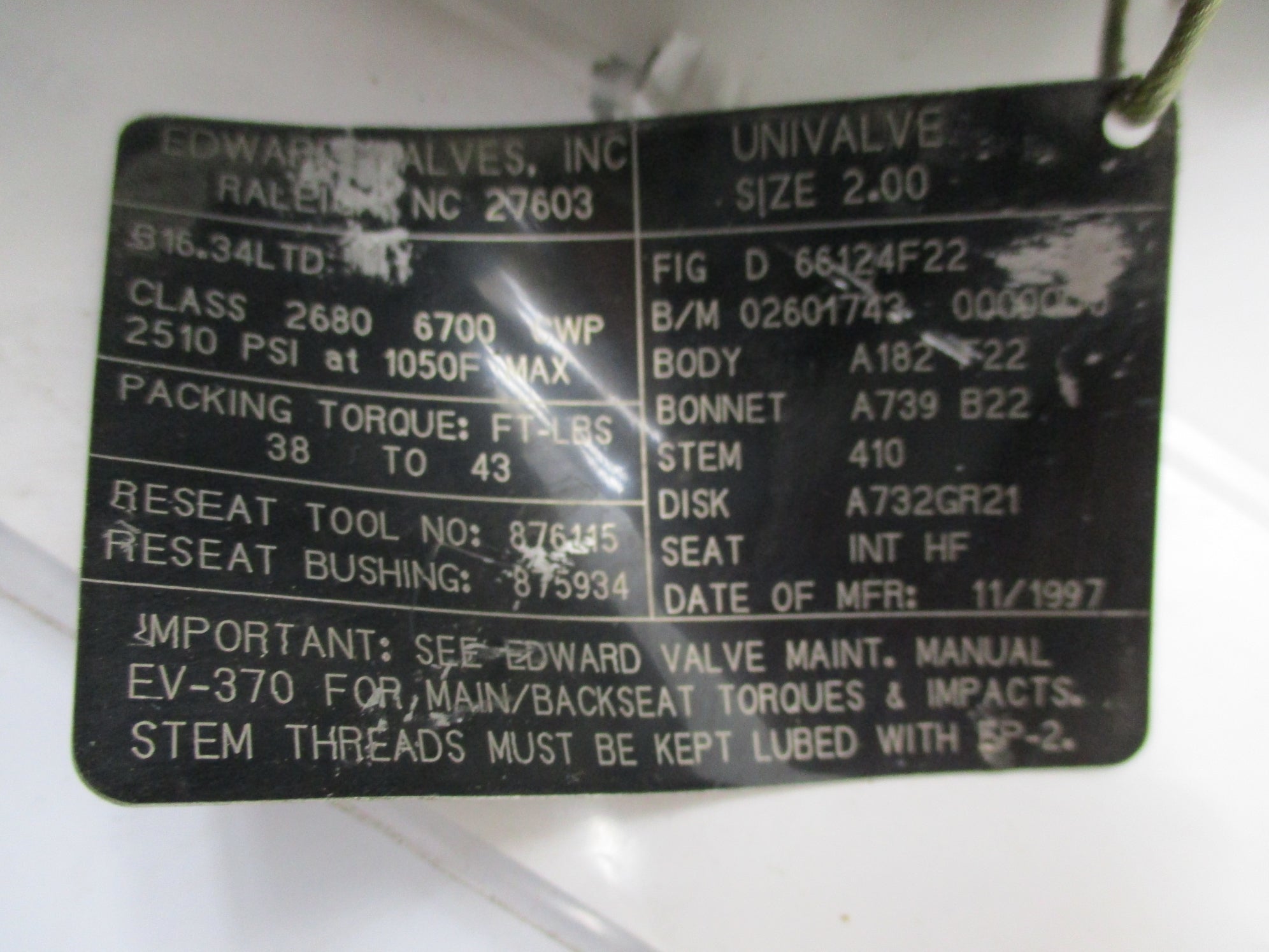 EDWARDS VALVES D66124F22 2510PSI NSNP