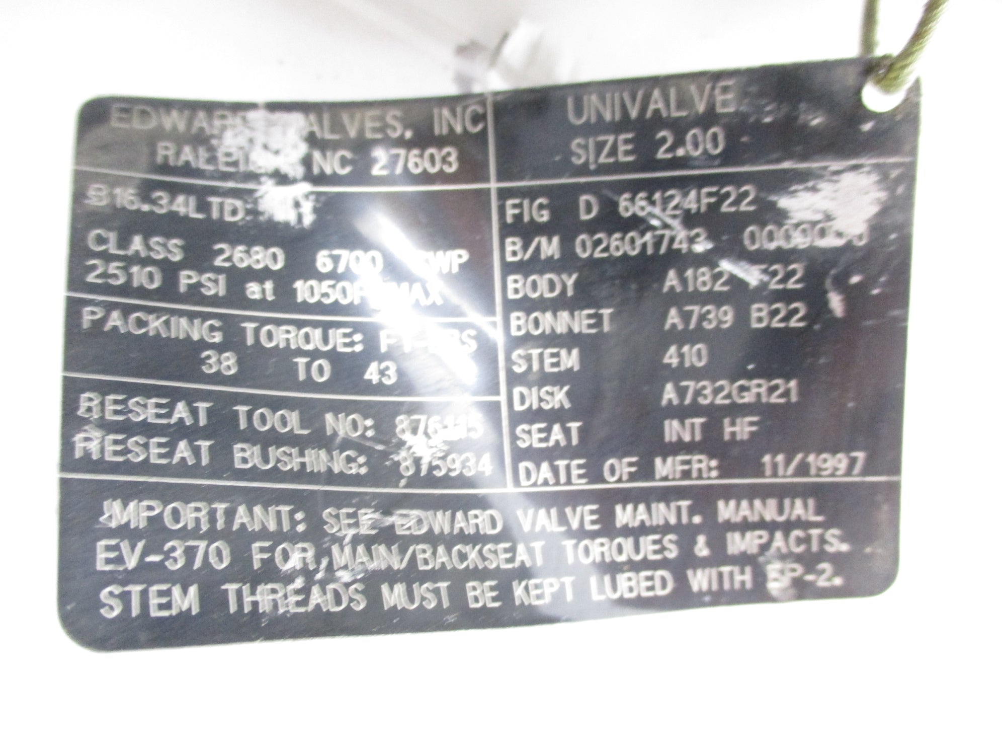 EDWARDS VALVES D66124F22 2510PSI NSNP