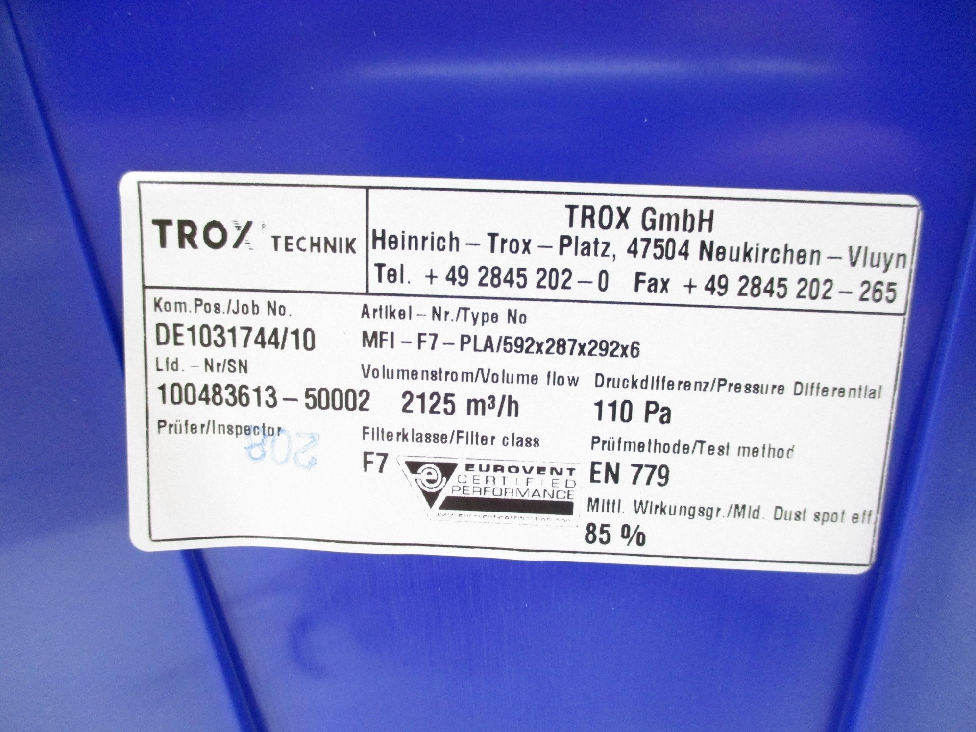 TROX TECHNIK MFI-F7-PLA/592x287x292x6 (PKG OF 2) NSMP