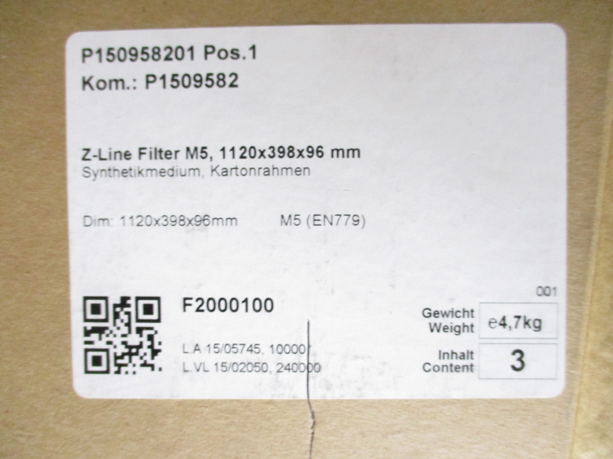 Z-LINE M5 EN779 1120x398x96mm (PKG OF 3) NSMP