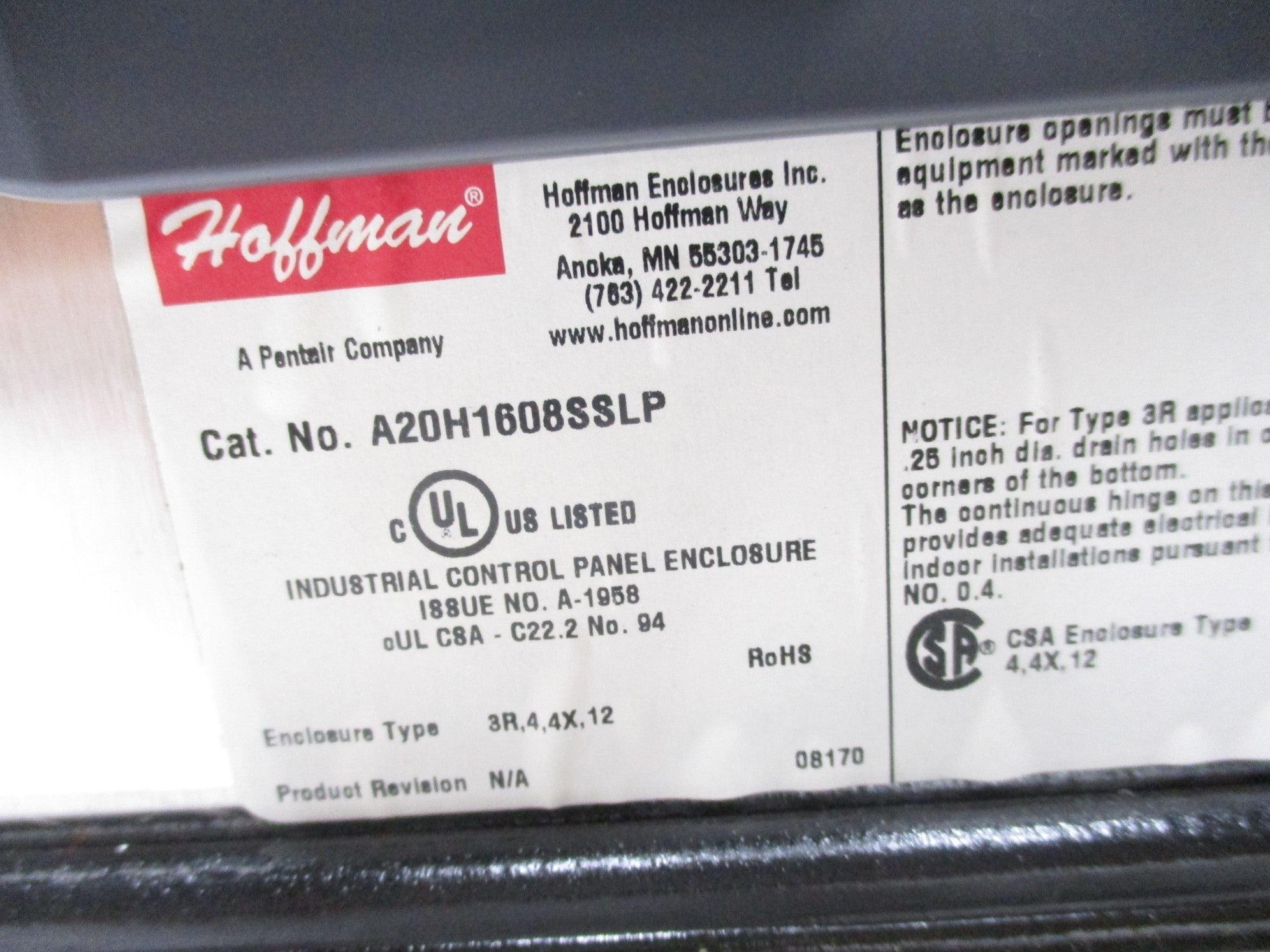 HOFFMAN A20H1608SSLP NSNP