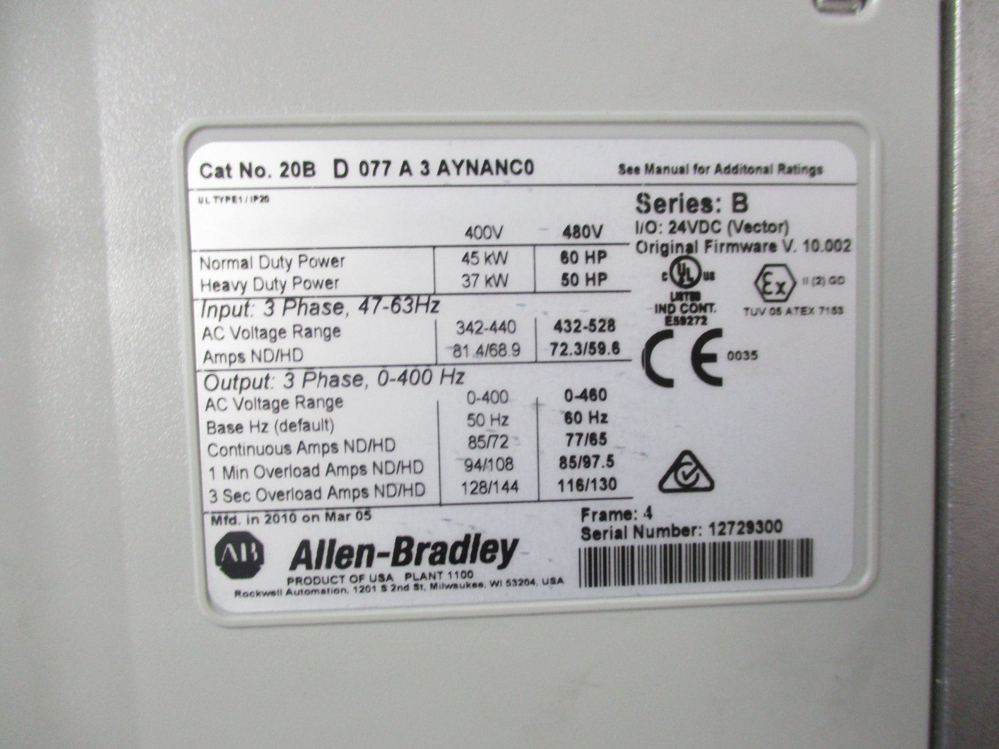ALLEN BRADLEY 20BD077A3AYNANC0 SER. B F/W V.10.002 REMAN