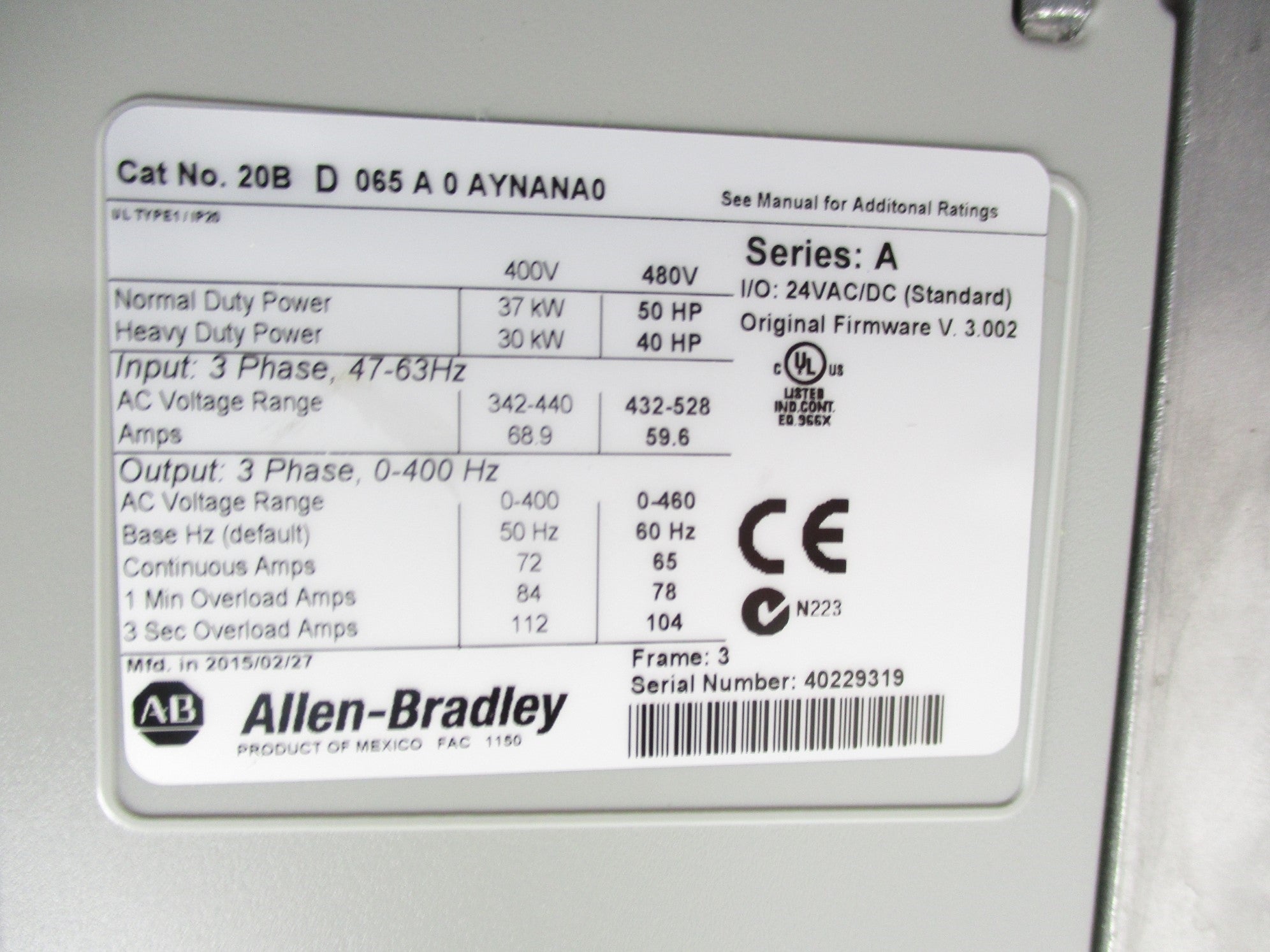 ALLEN BRADLEY 20BD065A0AYNANA0 SER. A F/W V.3.002 REMAN