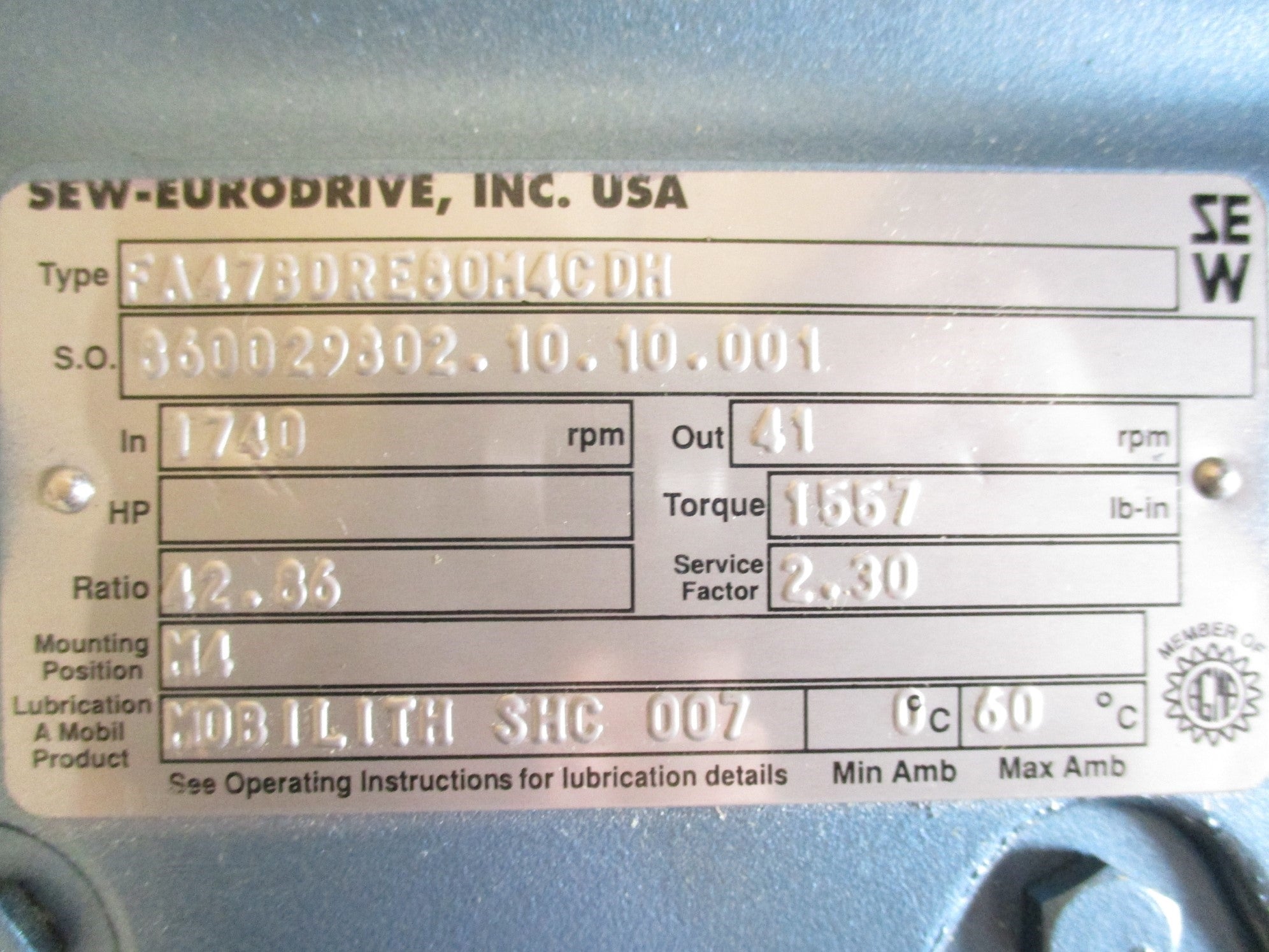 SEW EURODRIVE FA47BDRE80M4CDH NSNP