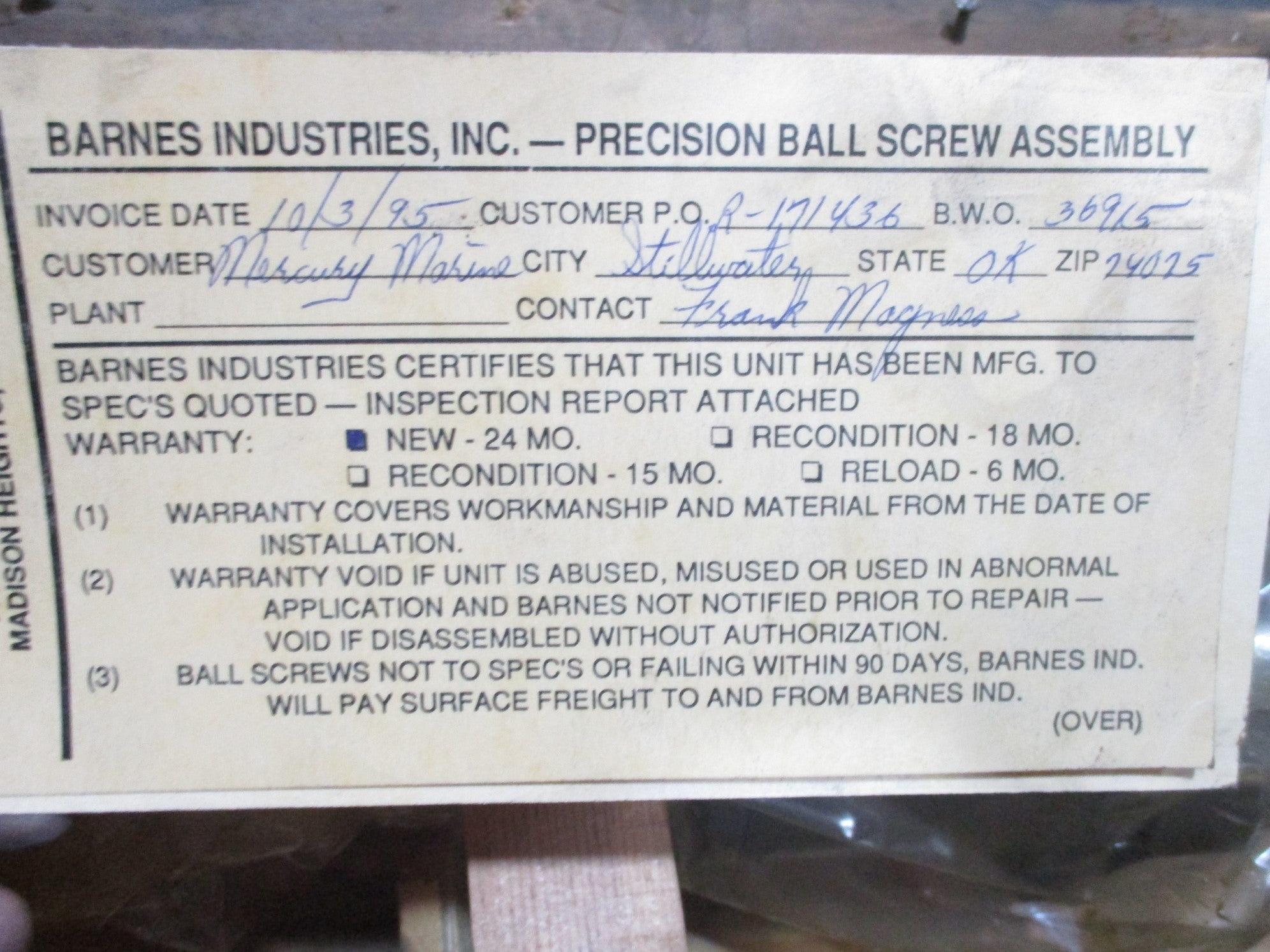 BARNES INDUSTRIES 36915 32" 1.75"DIA NSNP