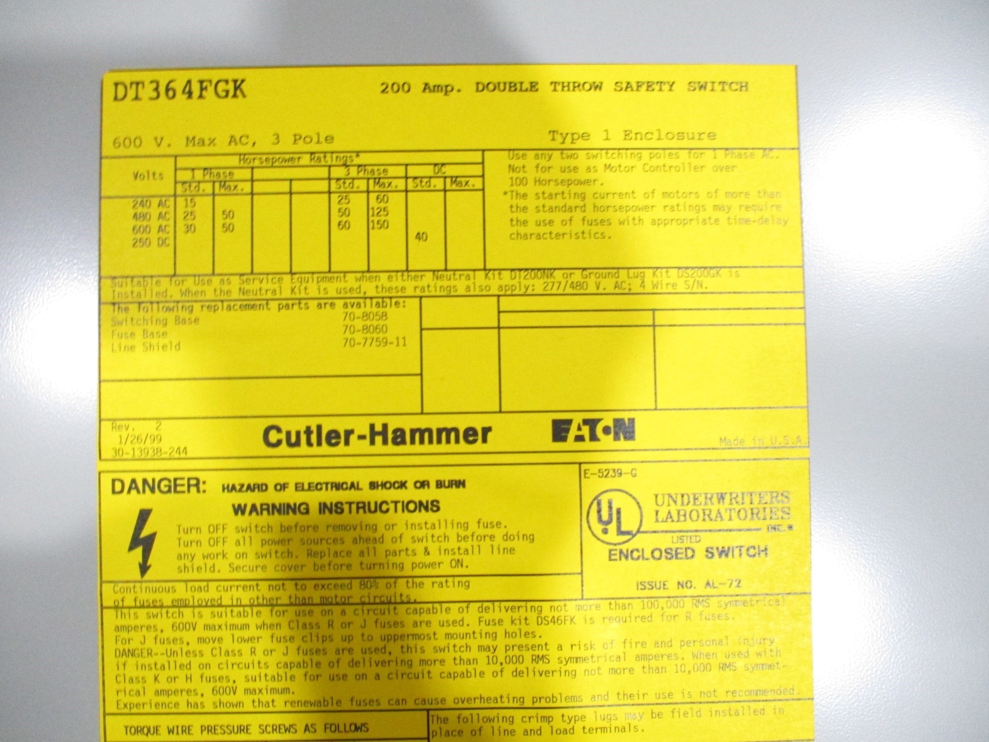 CUTLER HAMMER DT364FGK (AS PICTURED) NSNP