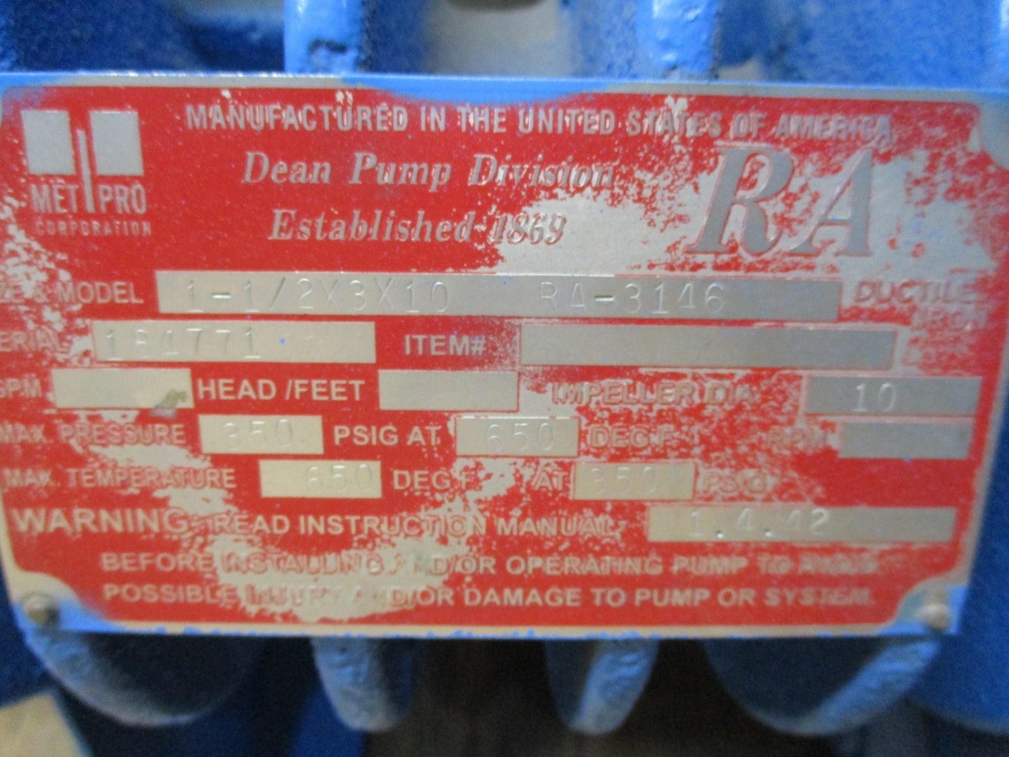 DEAN PUMP RA-3146 1-1/2X3X10 REMAN