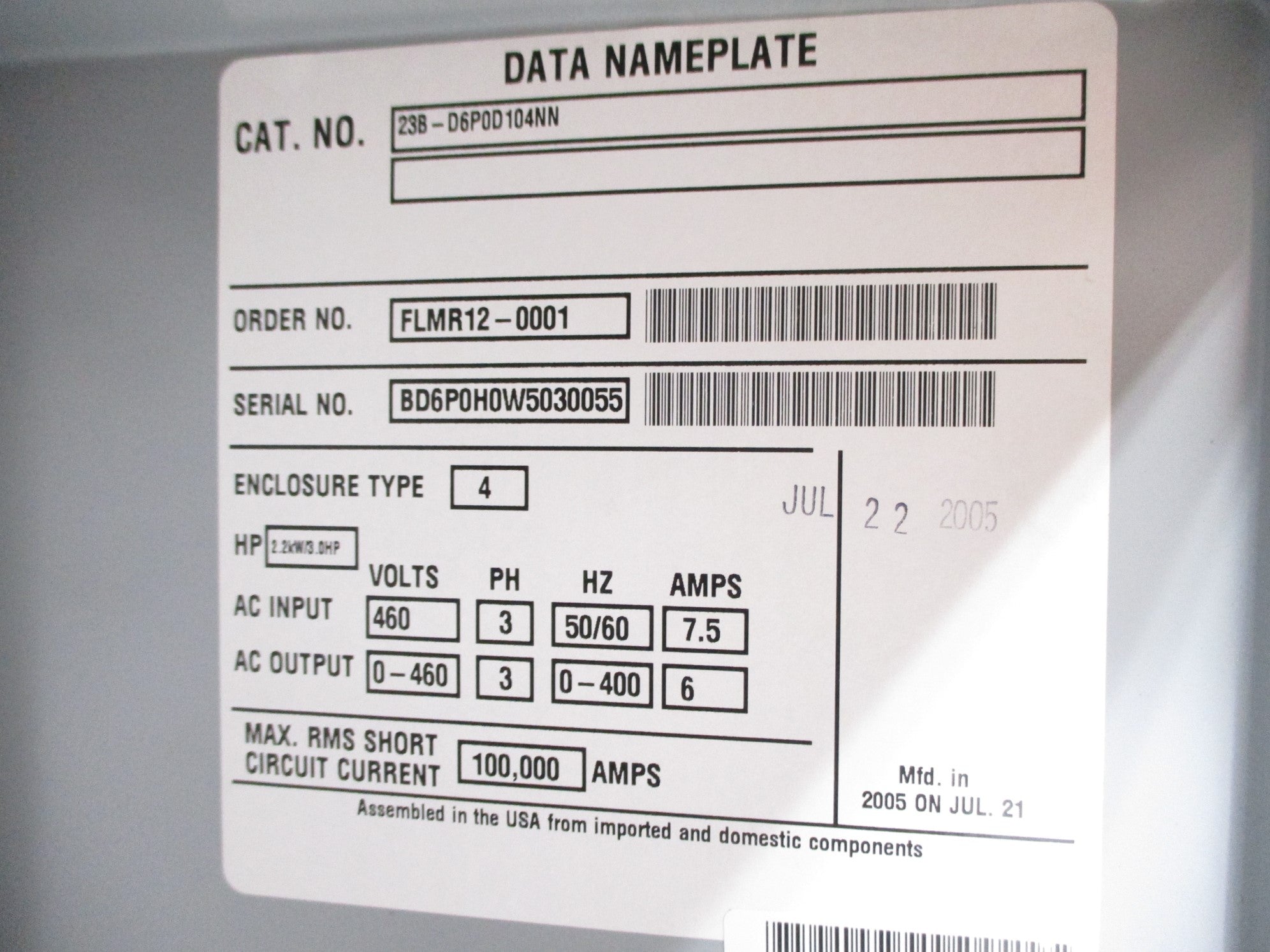 ALLEN BRADLEY 23B-D6P0D104NN UNMP