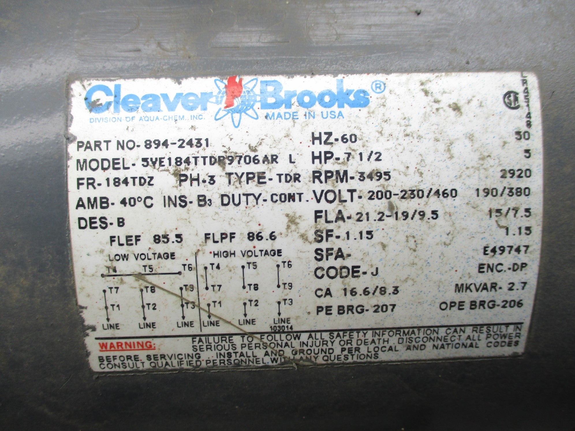 CLEAVER BROOKS 894-2431 5VE184TTDR9706AR NSNP