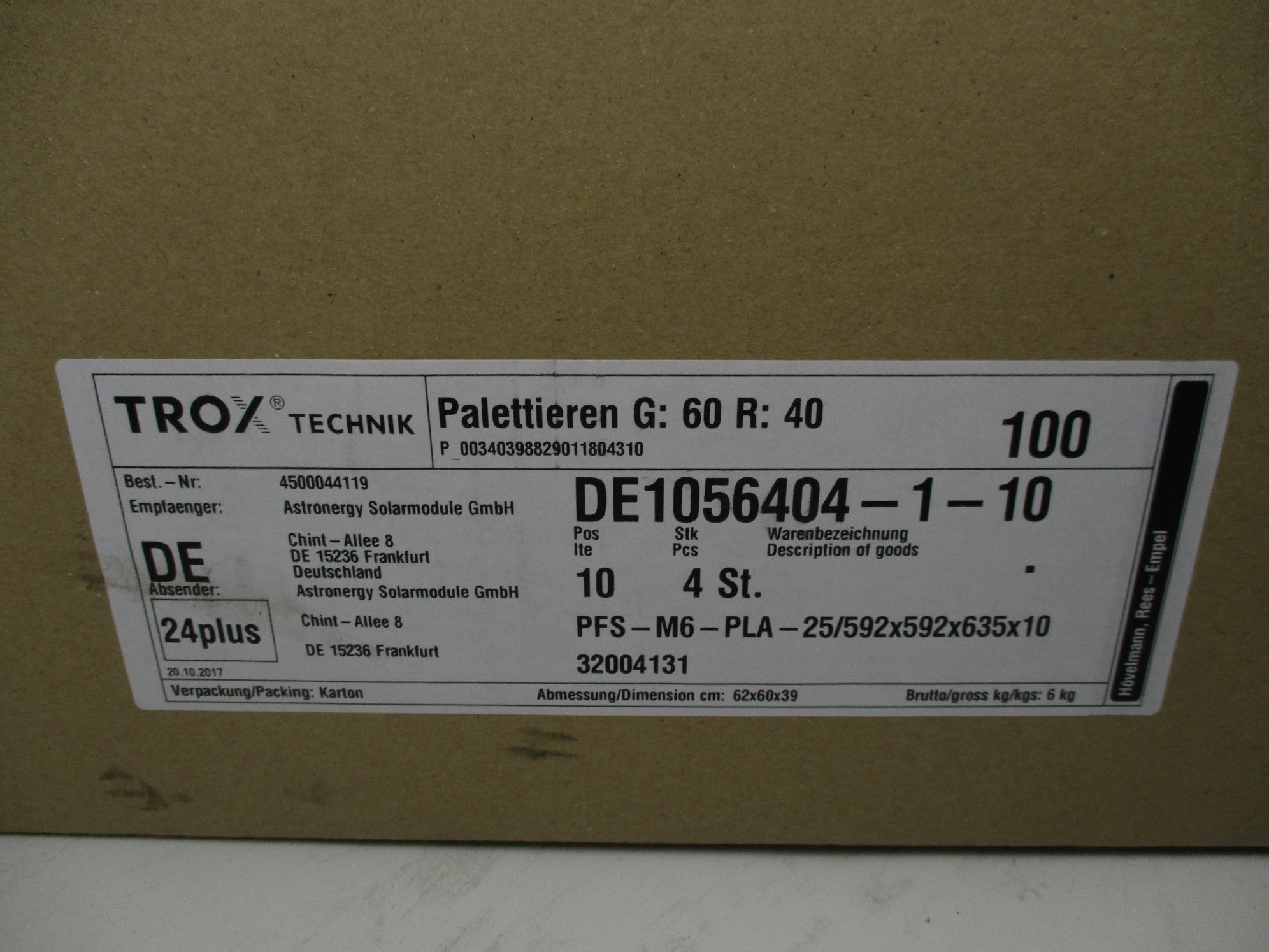 TROX TECHNIK PFS-M6-PLA-25/592X592X635X10 (PKG OF 4) NSMP