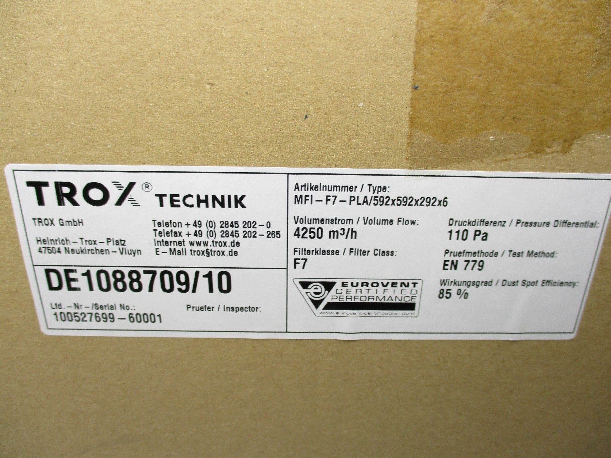 TROX TECHNIK MFI-F7-PLA/592X592X292X6 NSMP