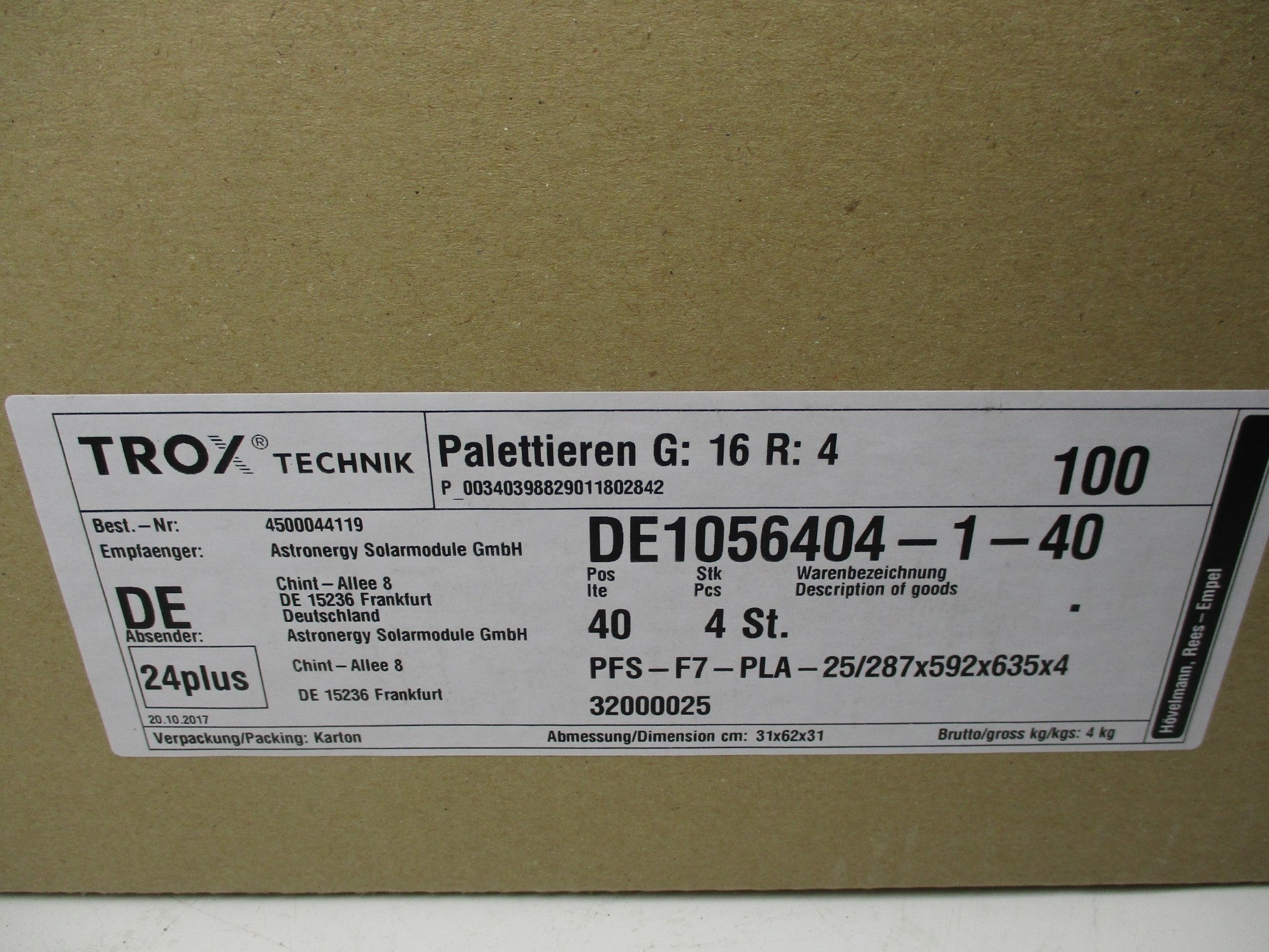 TROX TECHNIK PFS-F7-PLA-25/287X592X635X4 (PKG OF 4) NSMP