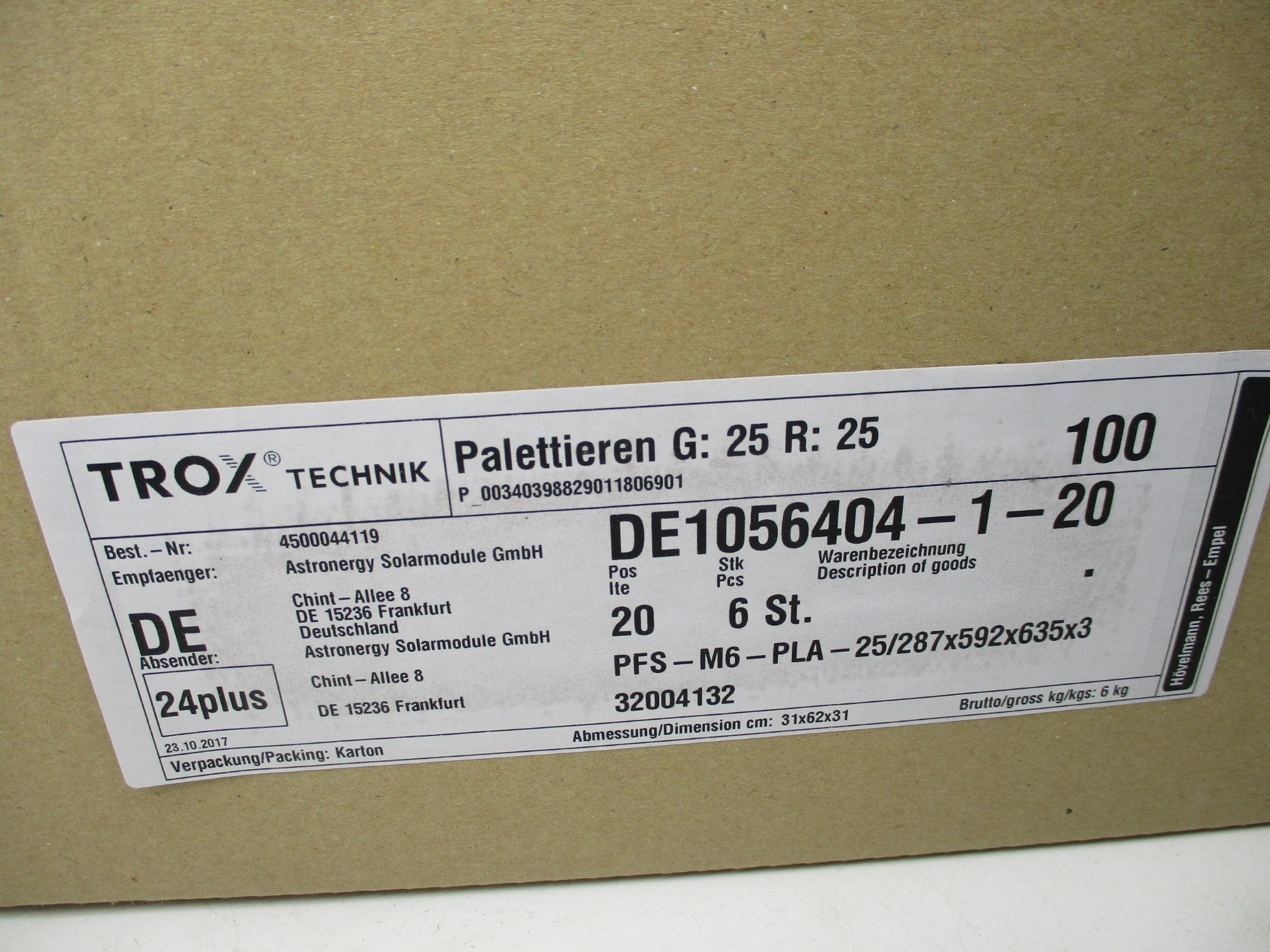 TROX TECHNIK PFS-M6-PLA-25/287X592X635X3-EN779 (PKG OF 6) NSMP