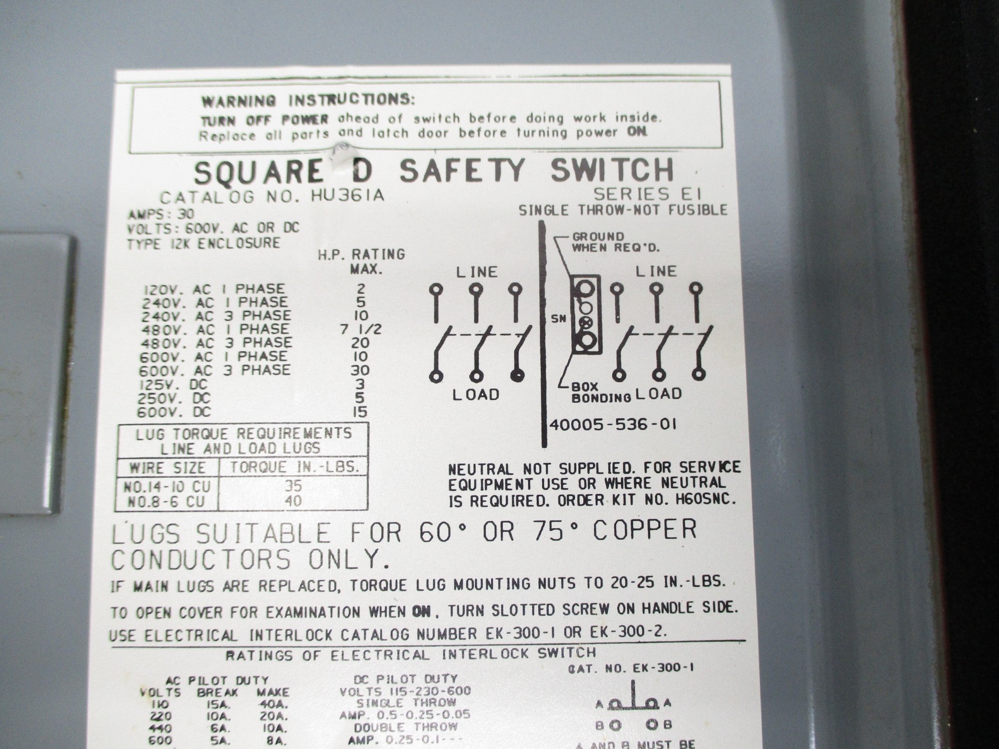 SQUARE D HU361A SER. E1 UNMP
