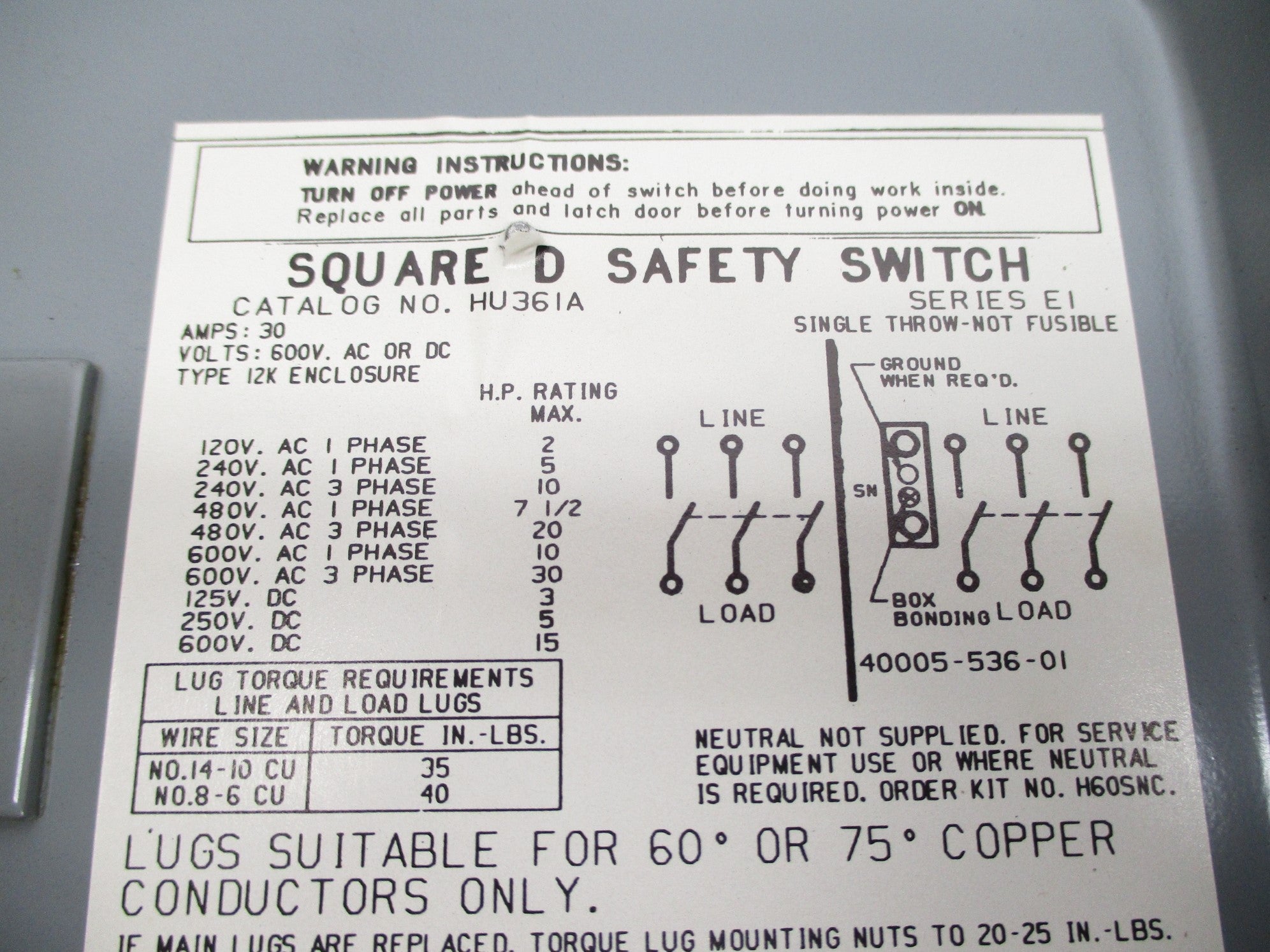 SQUARE D HU361A SER. E1 UNMP
