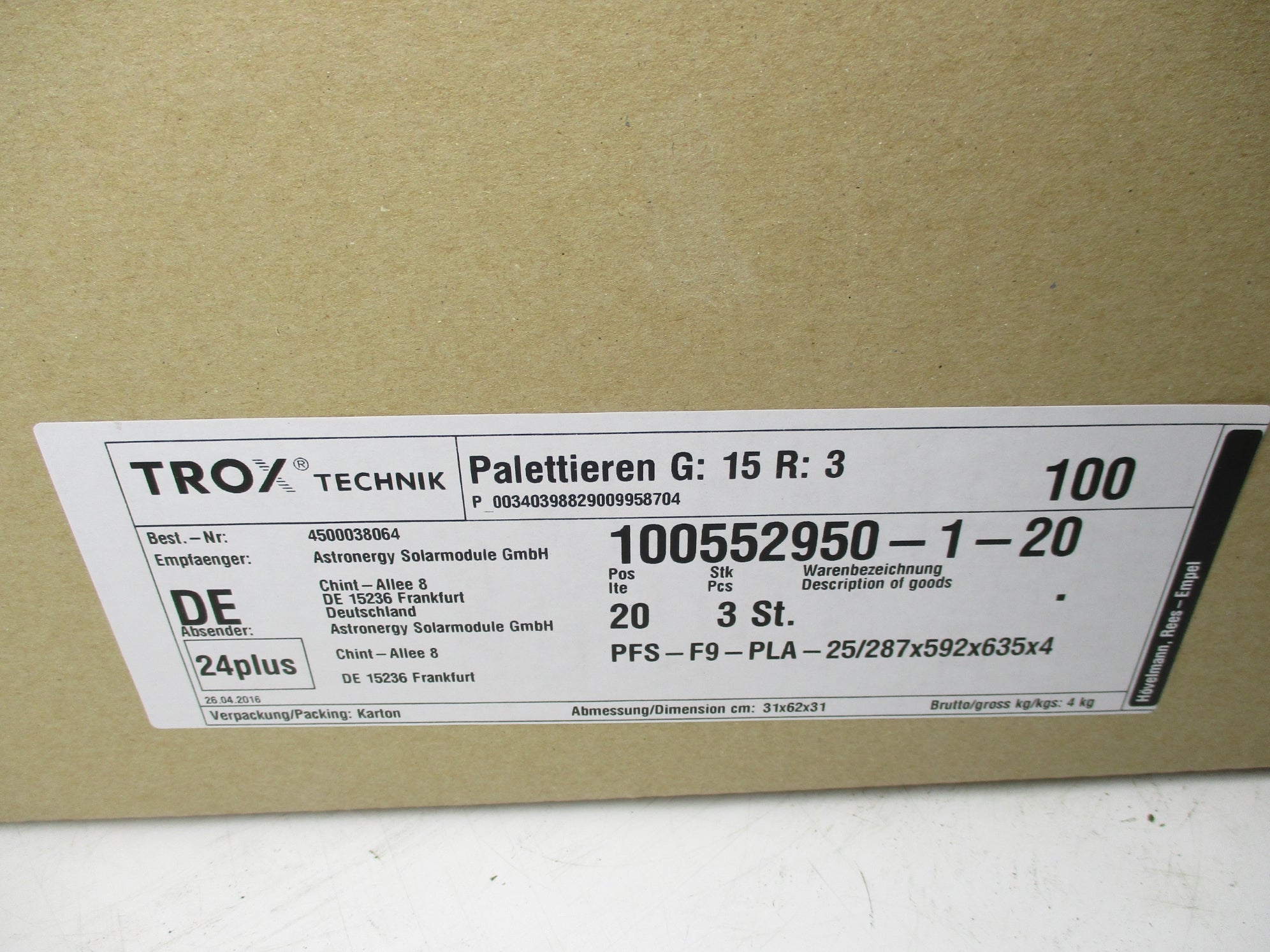 TROX TECHNIK PFS-F9-PLA-25/287x592x635x4 (PKG OF 3) NSMP