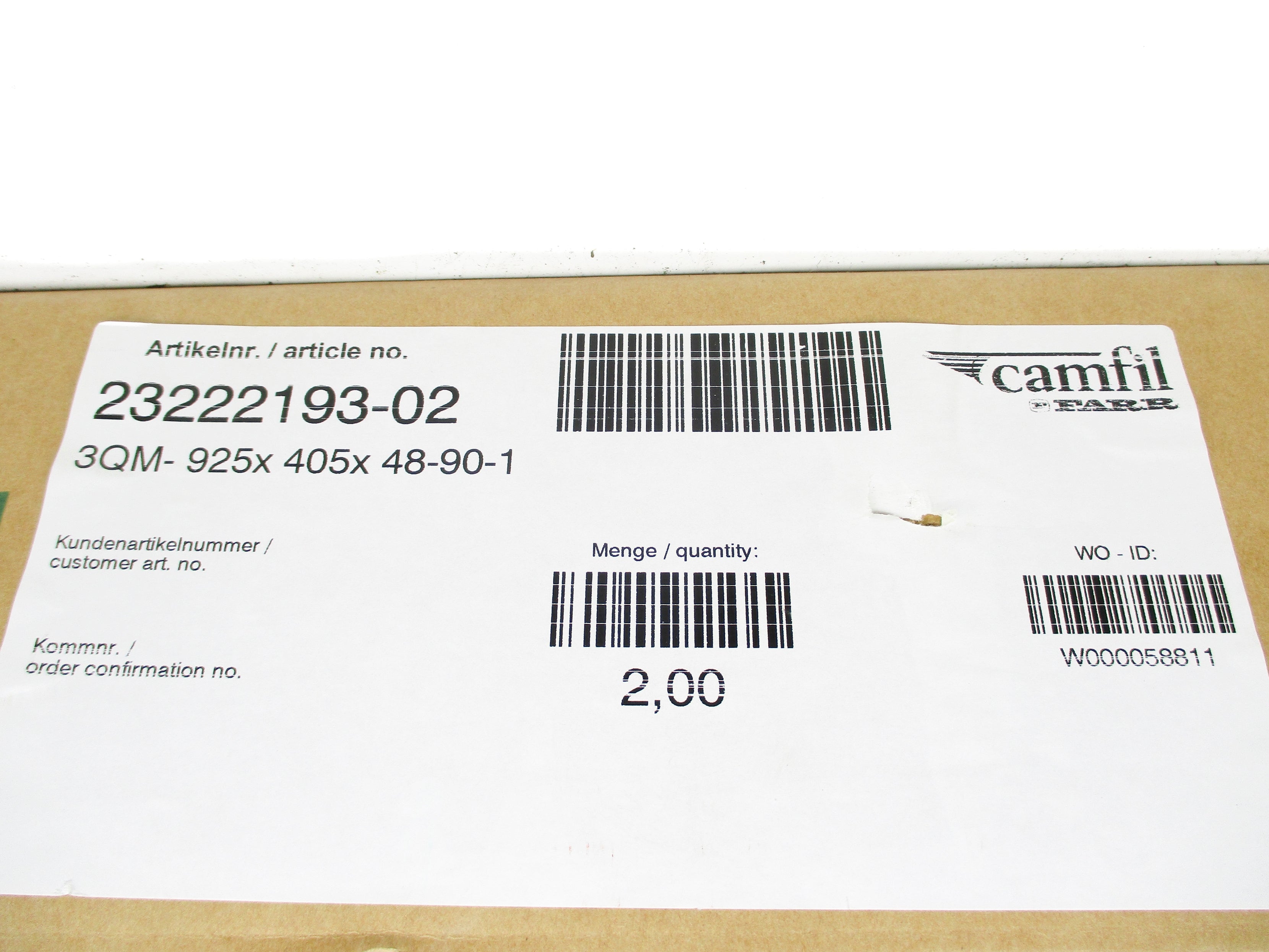 CAMFIL FARR 23222193-02 3QM-925x405x48-90-1 (PKG OF 2) NSMP