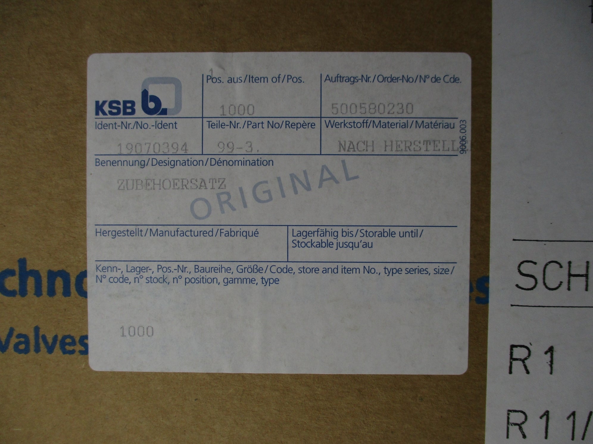 KSB 19070394 99-3 R2 VALVE INLET SET NSFS