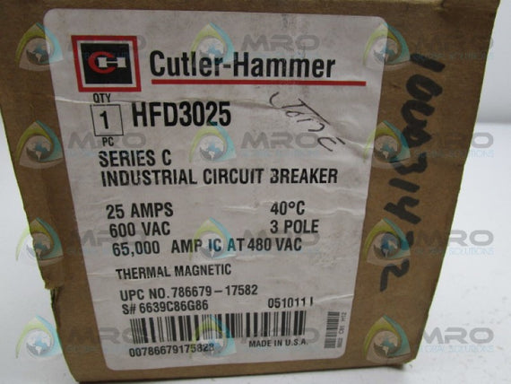 CUTLER HAMMER HFD3025 CIRCUIT BREAKER 25A 600VAC * NEW IN BOX *