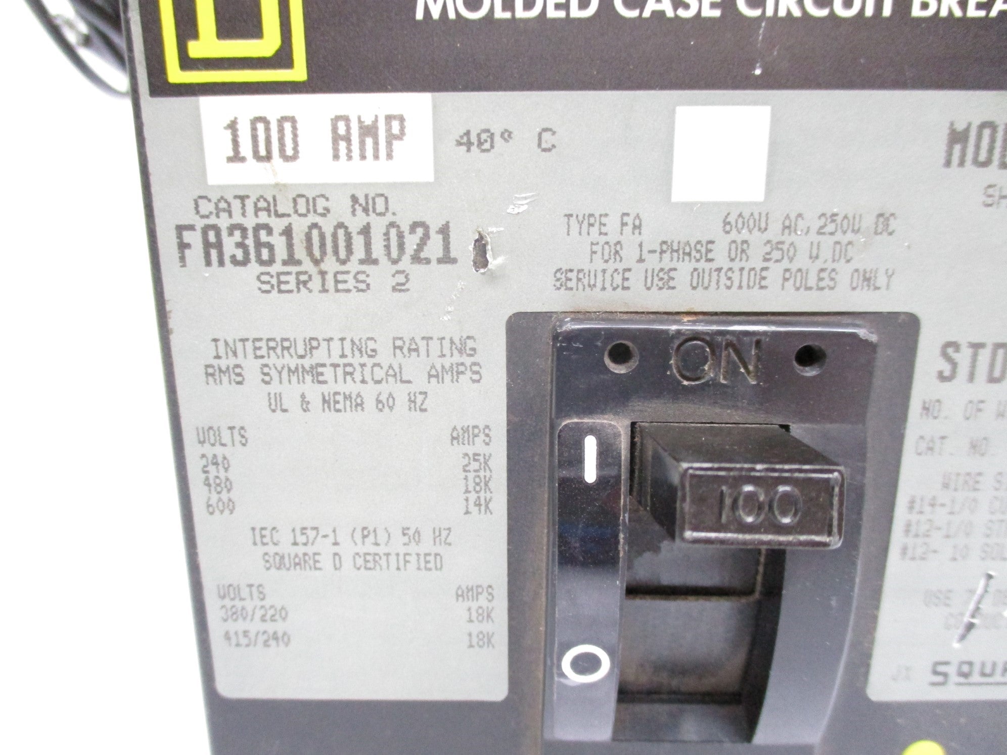 SQUARE D FA361001021 100A 600VAC UNMP