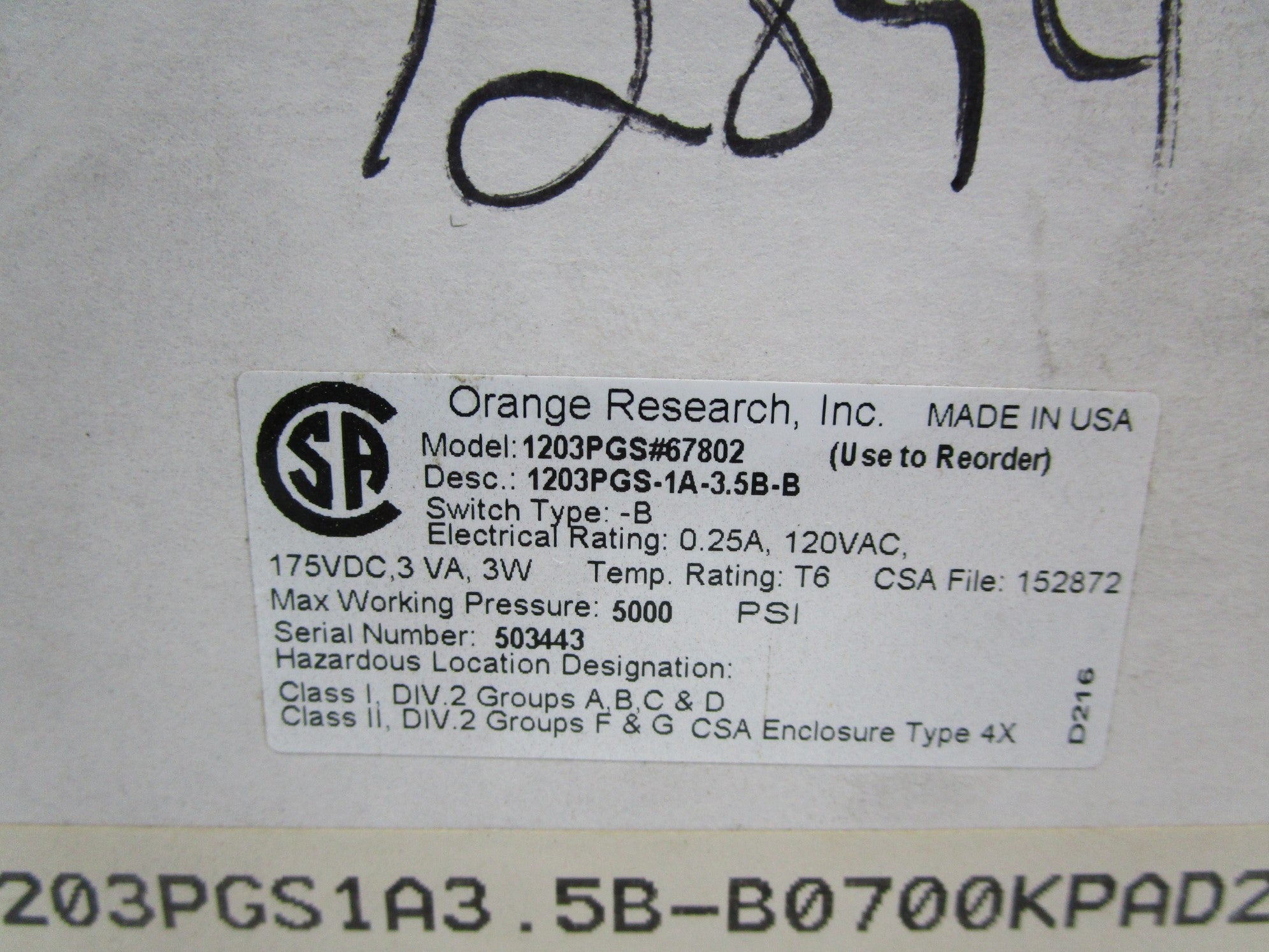 ORANGE RESEARCH 1203PGS#67802 1203PGS-1A-3.5B-B 0-700KPA NSMP