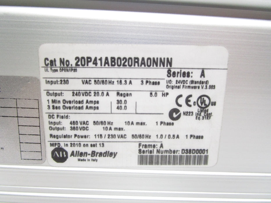 ALLEN BRADLEY 20P41AB020RA0NNN SER. A F/W V.3.005 NSNP