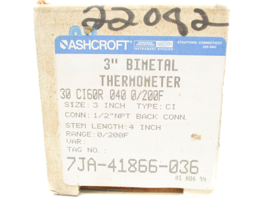 ASHCROFT 30CI60R0400/200F 0-200F NSMP