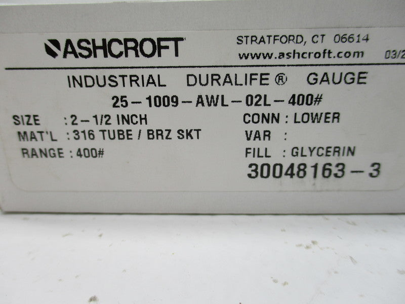 ASHCROFT 25-1009-SW-02L-400# 0-400PSI NSMP