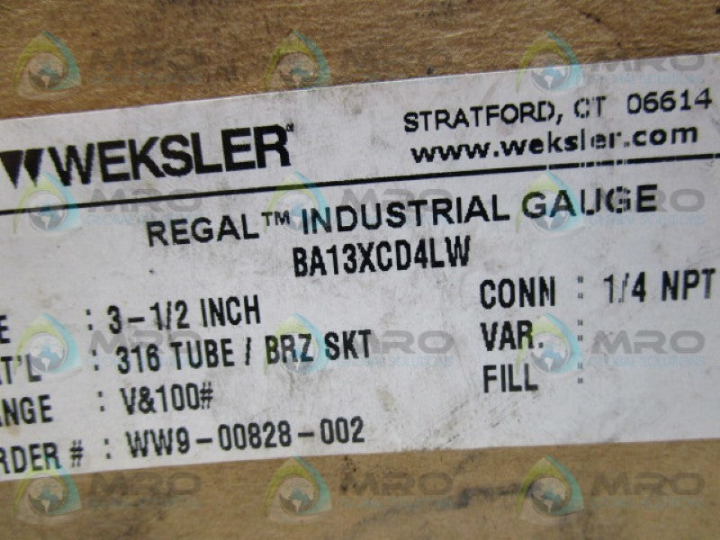 WEKSLER BA13XCD4LW  PRESSURE GAUGE 0-100PSI  NSMP
