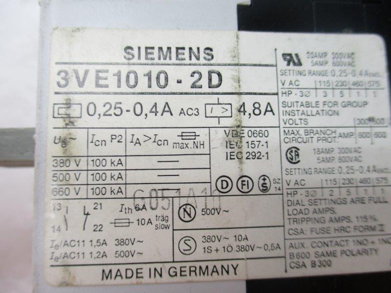 SIEMENS 3VE1010-2D 660V 0.25-0.4A NSNP