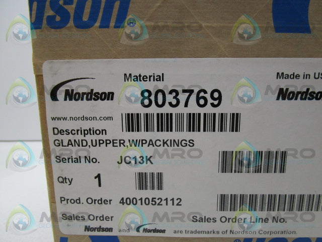 NORDSON 803769 UPPER GLAND W/PACKING * FACTORY SEALED *