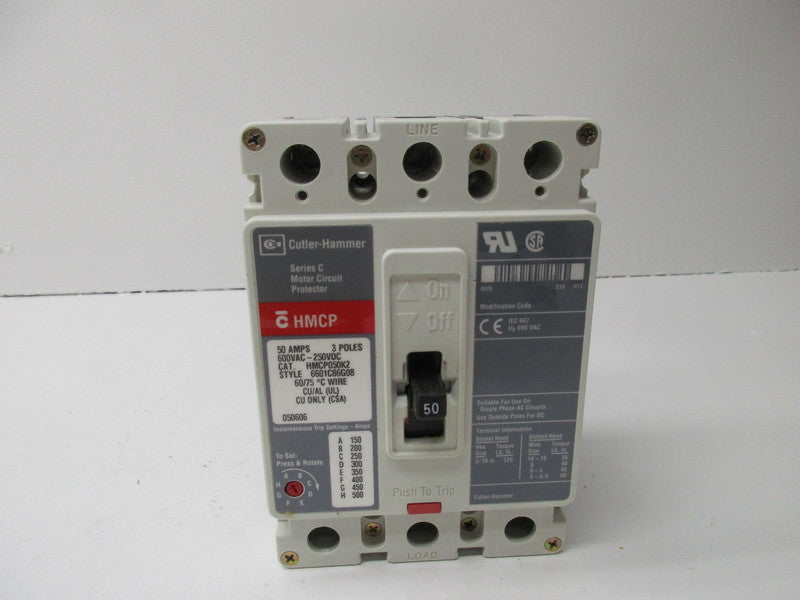 CUTLER HAMMER HMCP050K2 CIRCUIT BREAKER 600VAC 50A SER. C NSMP