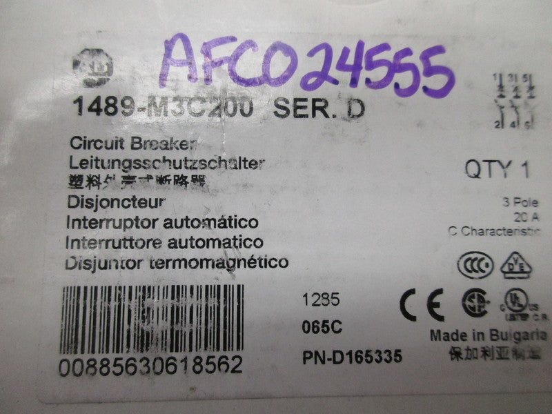 ALLEN BRADLEY 1489-M3C200 CIRCUIT BREAKER SER. D 277/480V 20A NSMP