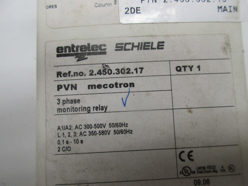 ENTRELEC SCHIELE 2.450.302.17 3 PHASE MONITORING RELAY 300-500V NSMP