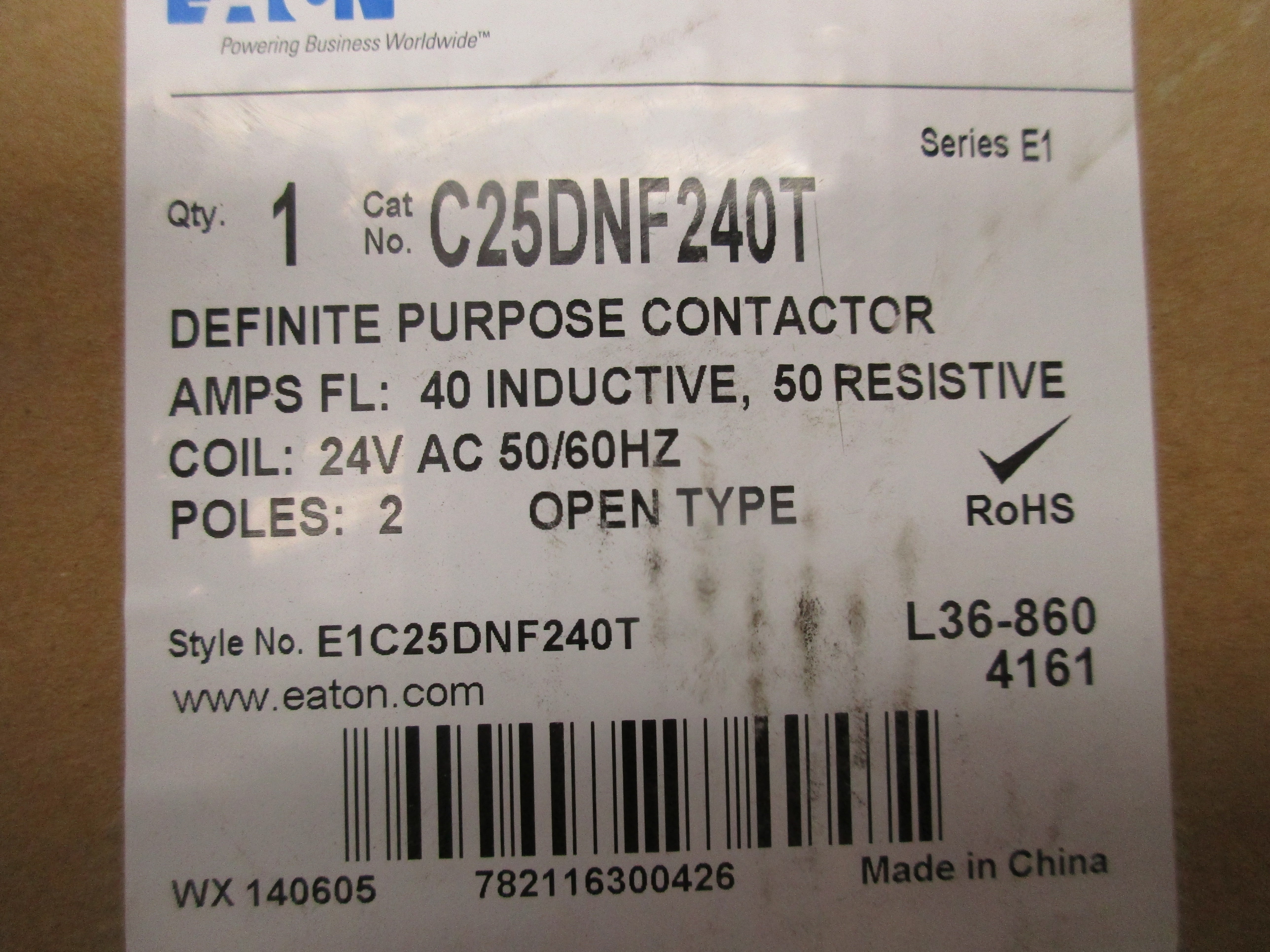 EATON C25DNF240T DEFINITE PURPOSE CONTACTOR 24VAC 50/60HZ NSMP