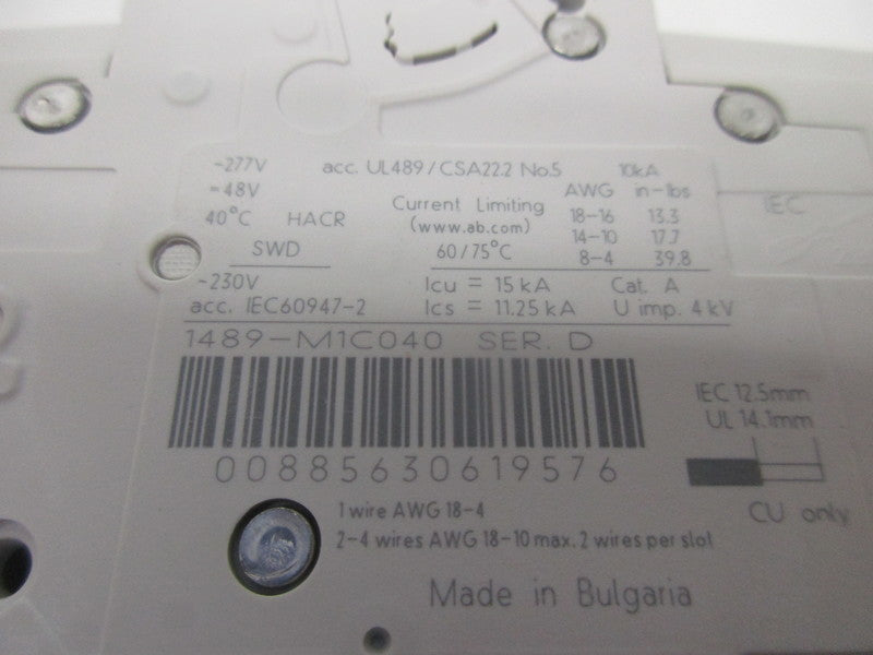 ALLEN BRADLEY 1489-M1C040 CIRCUIT BREAKER SER. D 4A 277V NSNP